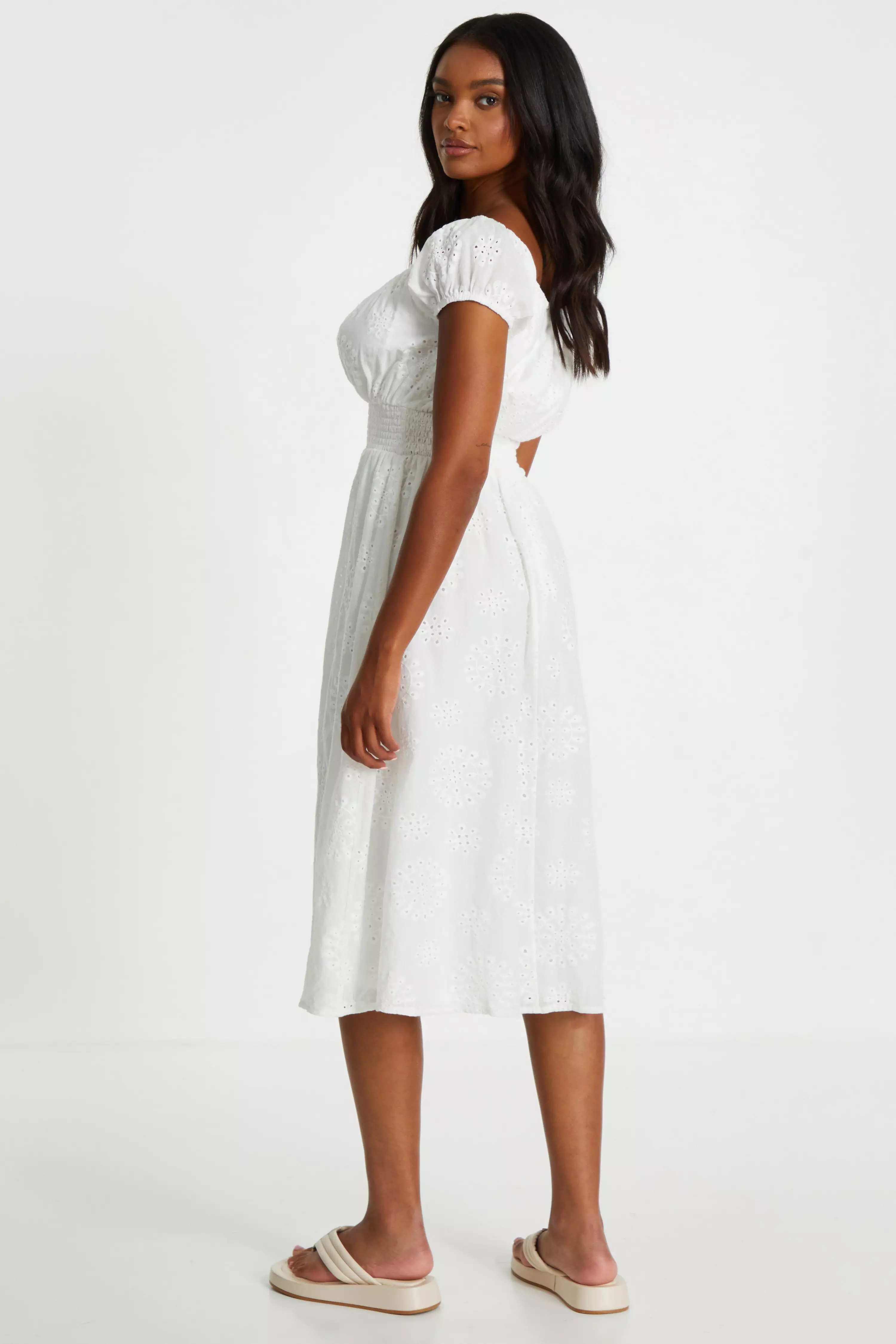 White Embroidered Bardot Midi Dress