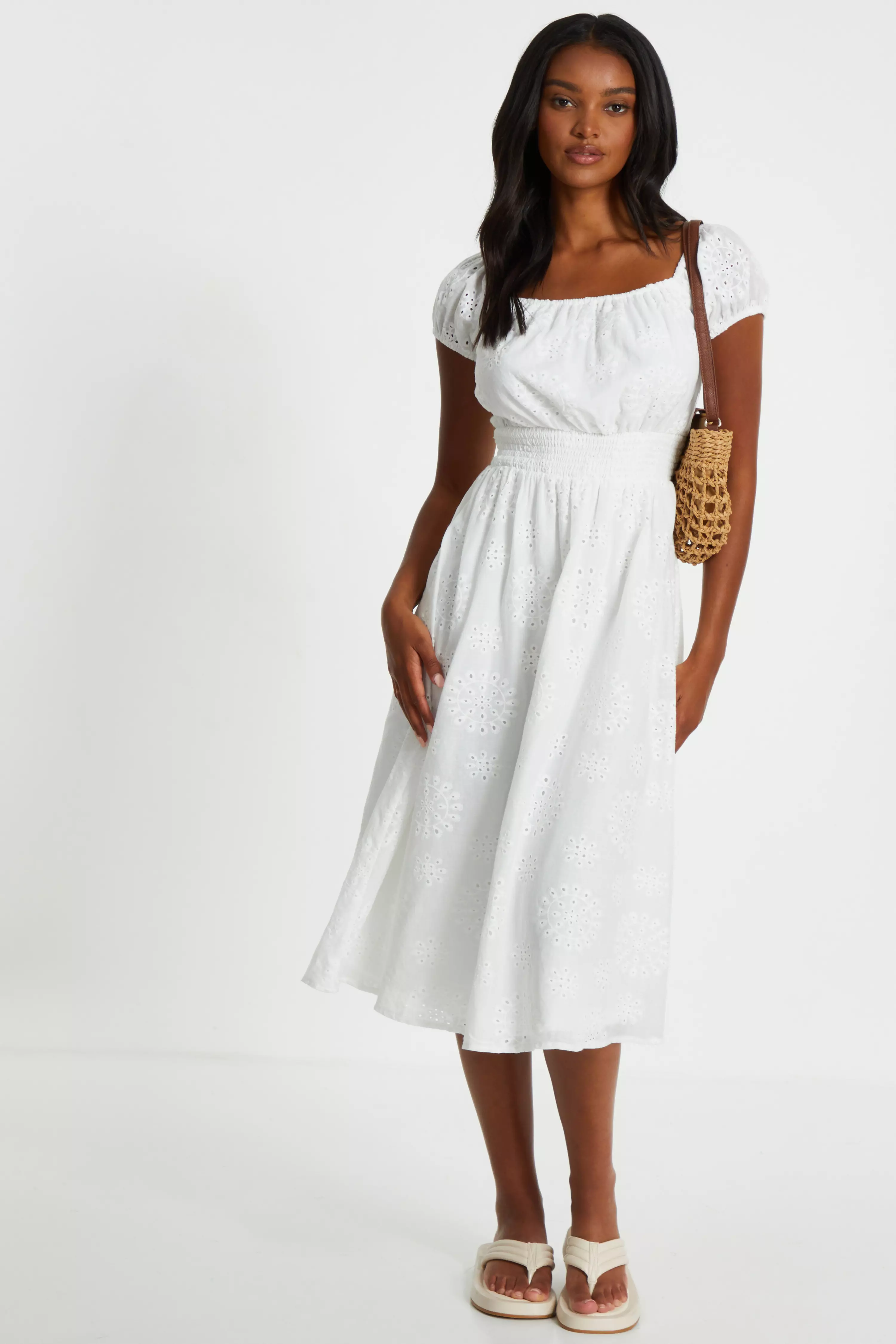 White Embroidered Bardot Midi Dress