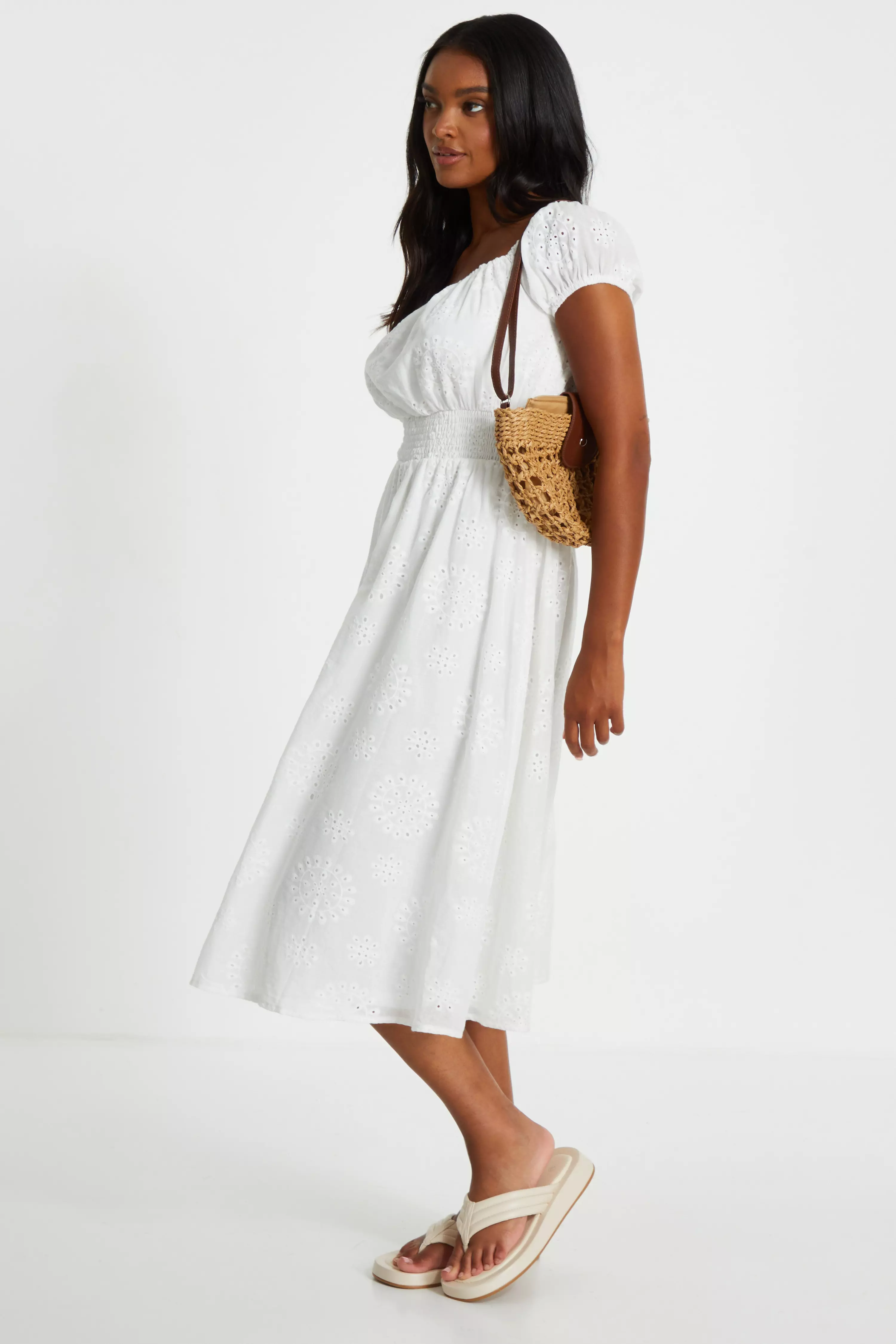 White Embroidered Bardot Midi Dress