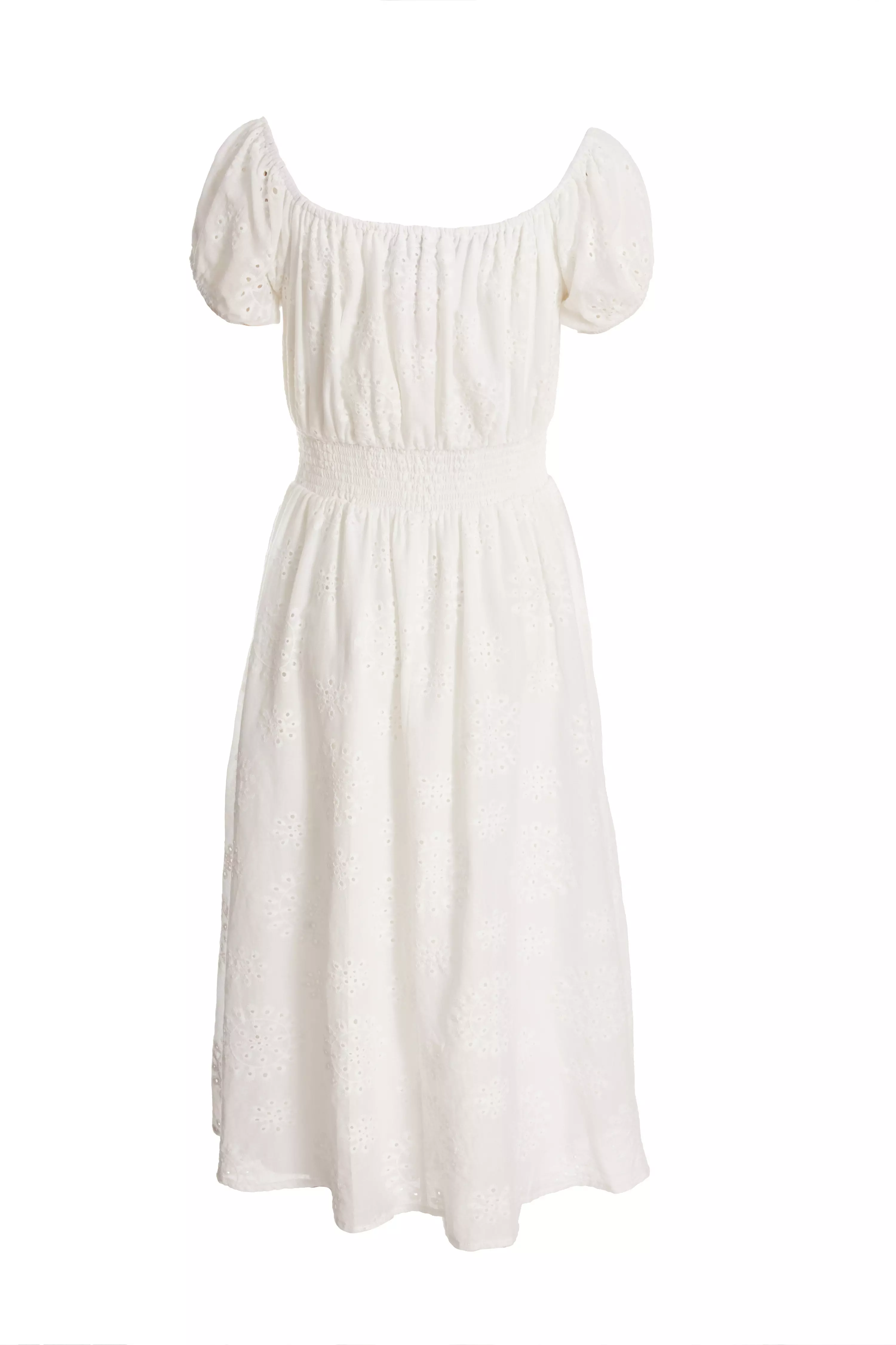 White Embroidered Bardot Midi Dress