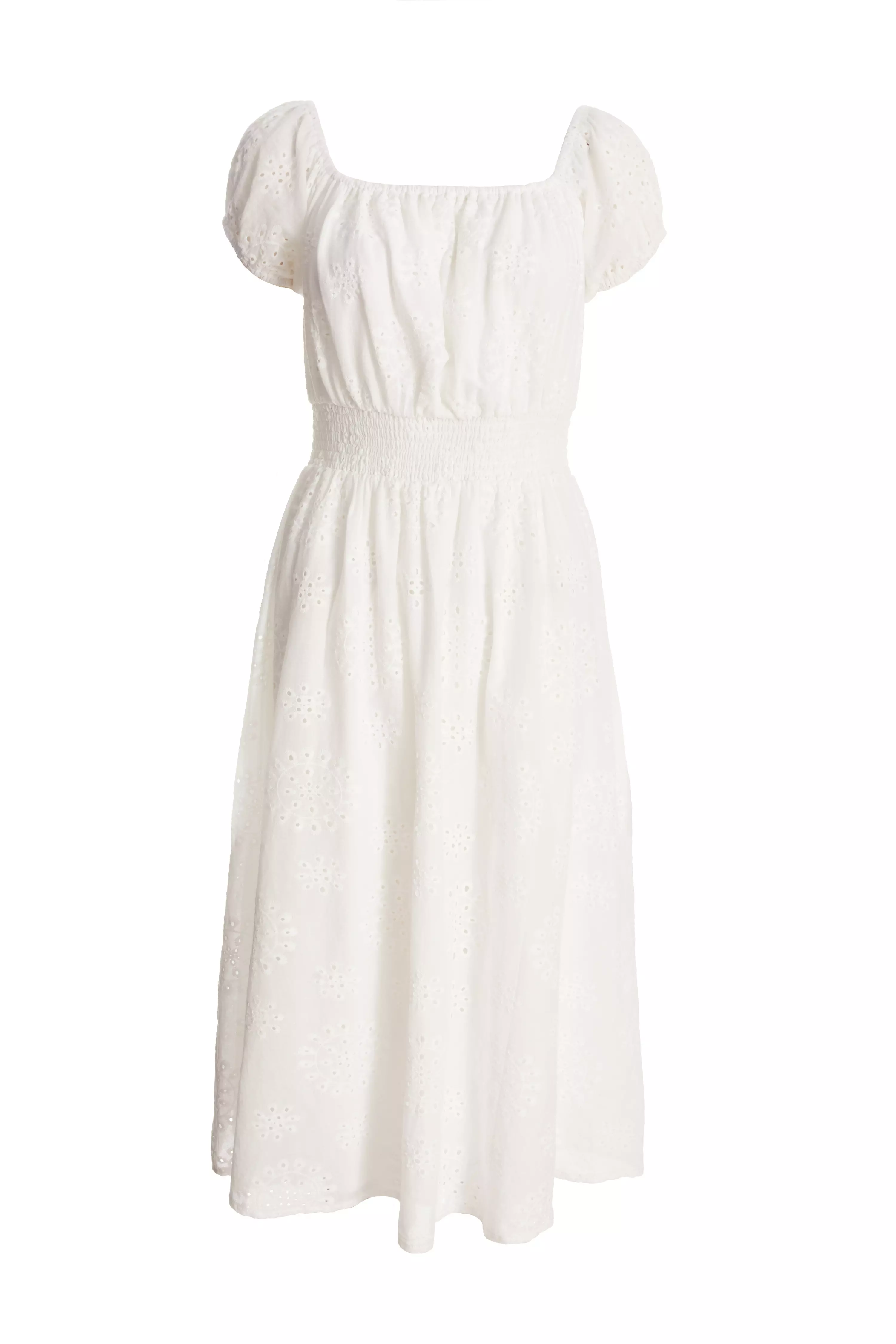 White Embroidered Bardot Midi Dress