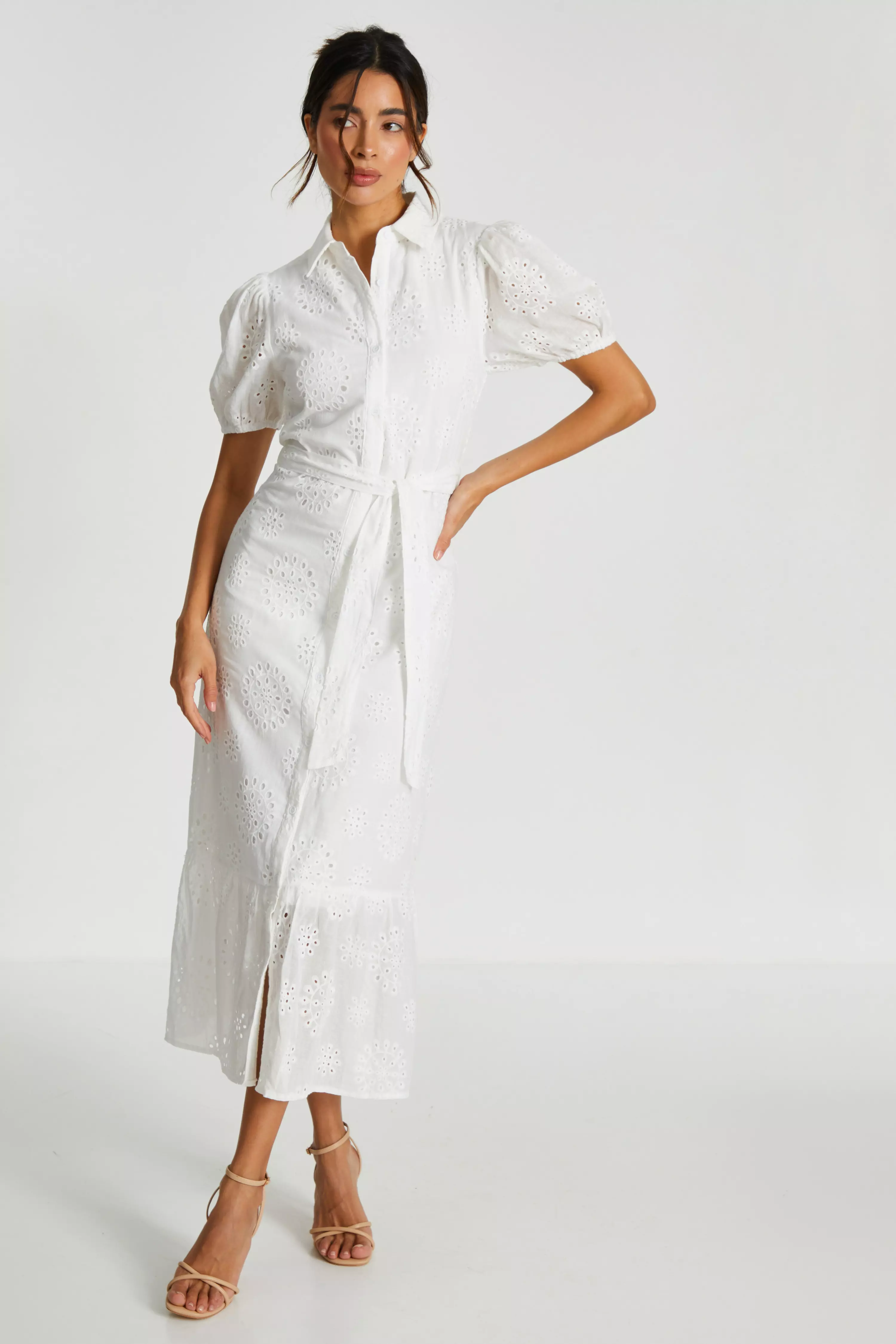 White Embordered Midaxi Shirt Dress