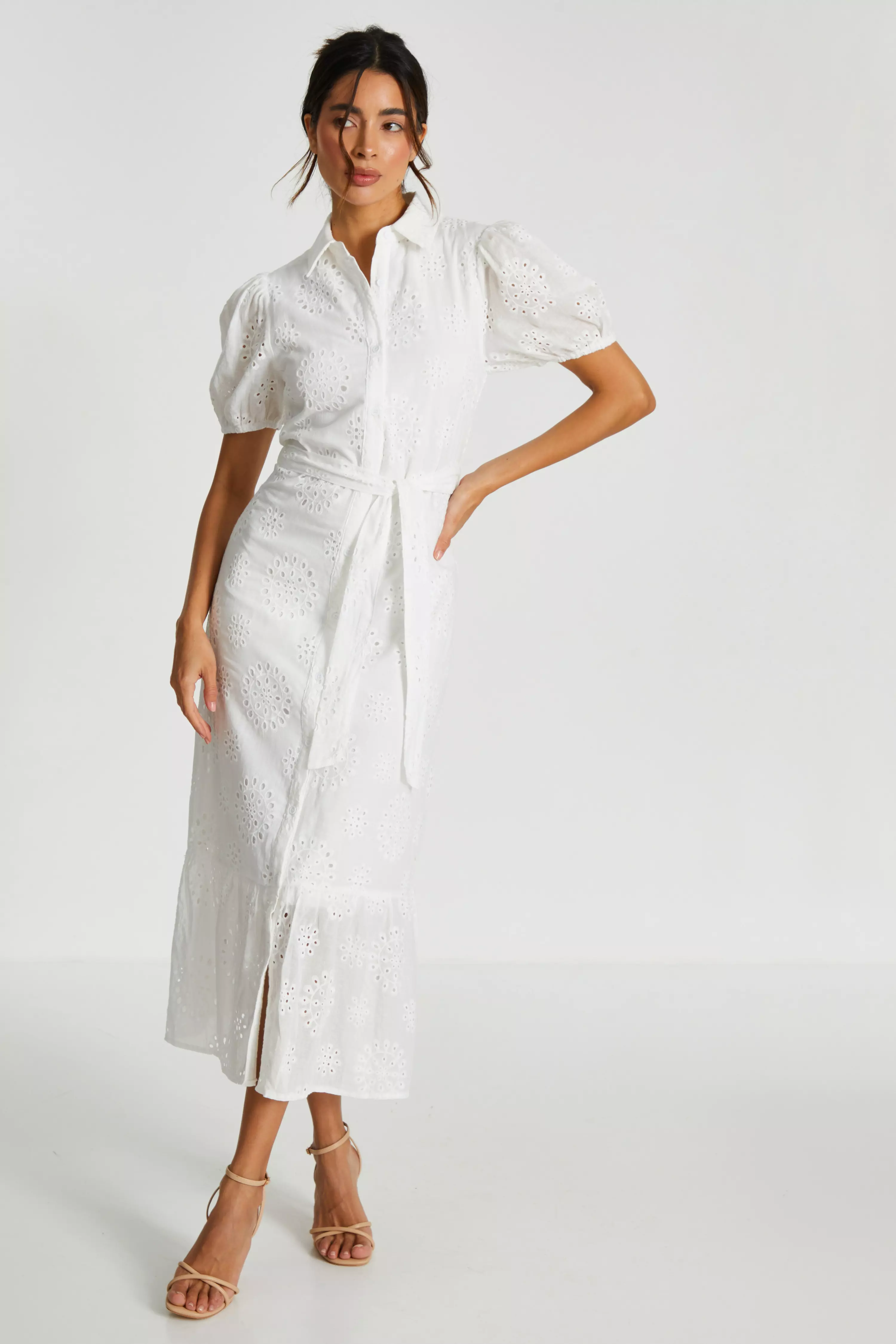 White Embroidered Midaxi Shirt Dress