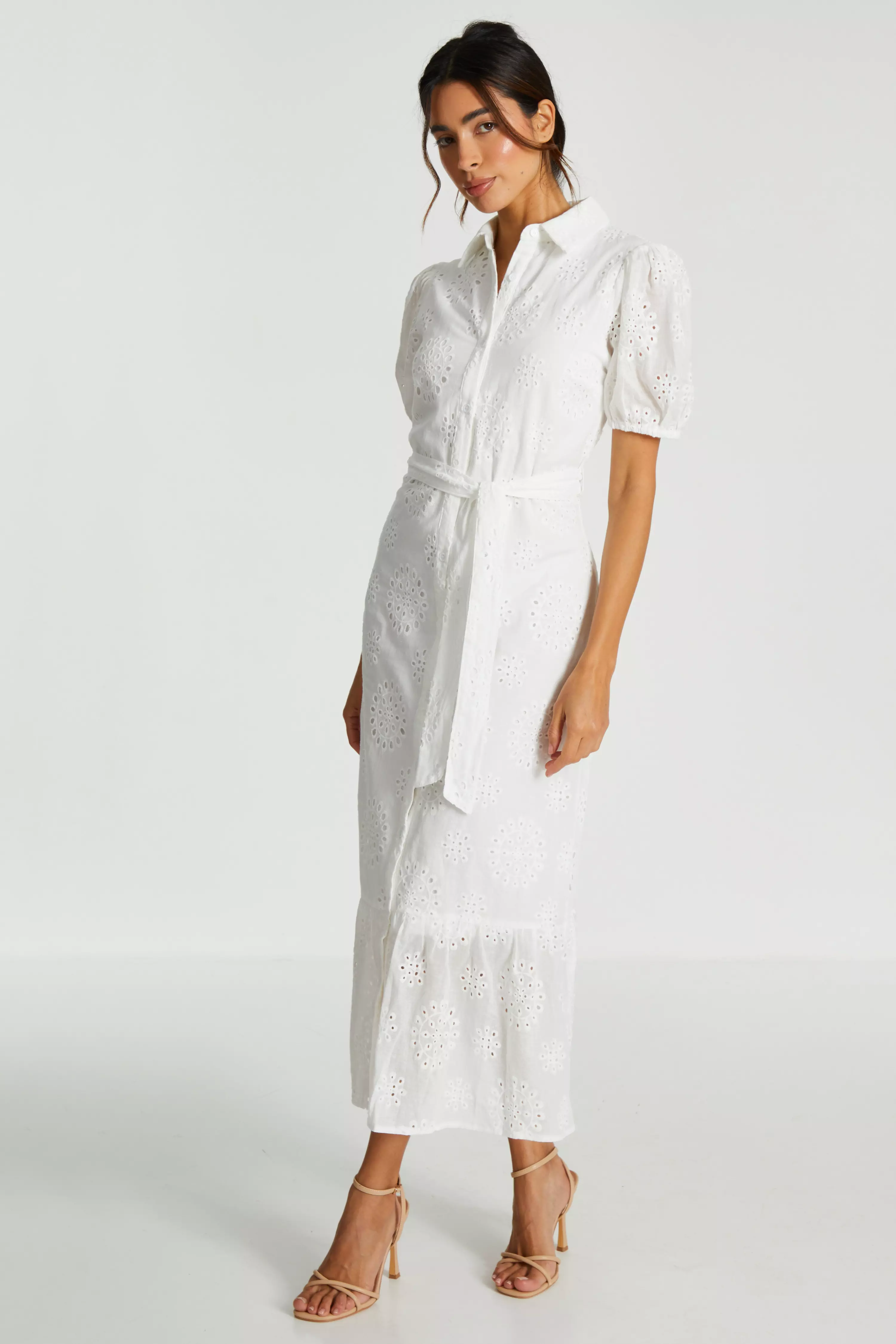 White Embordered Midaxi Shirt Dress