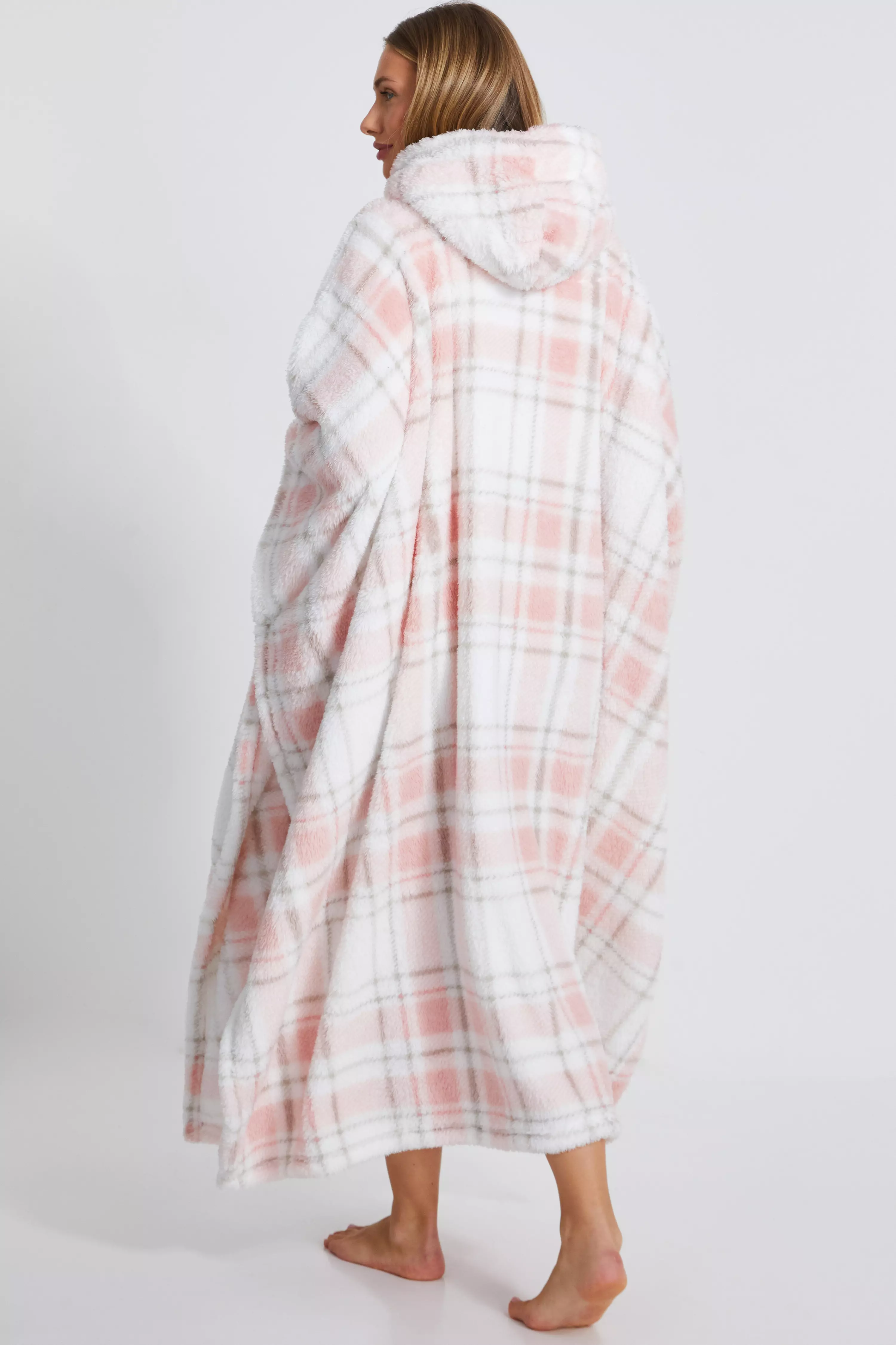 Pink Check Fleece Blanket Hoodie