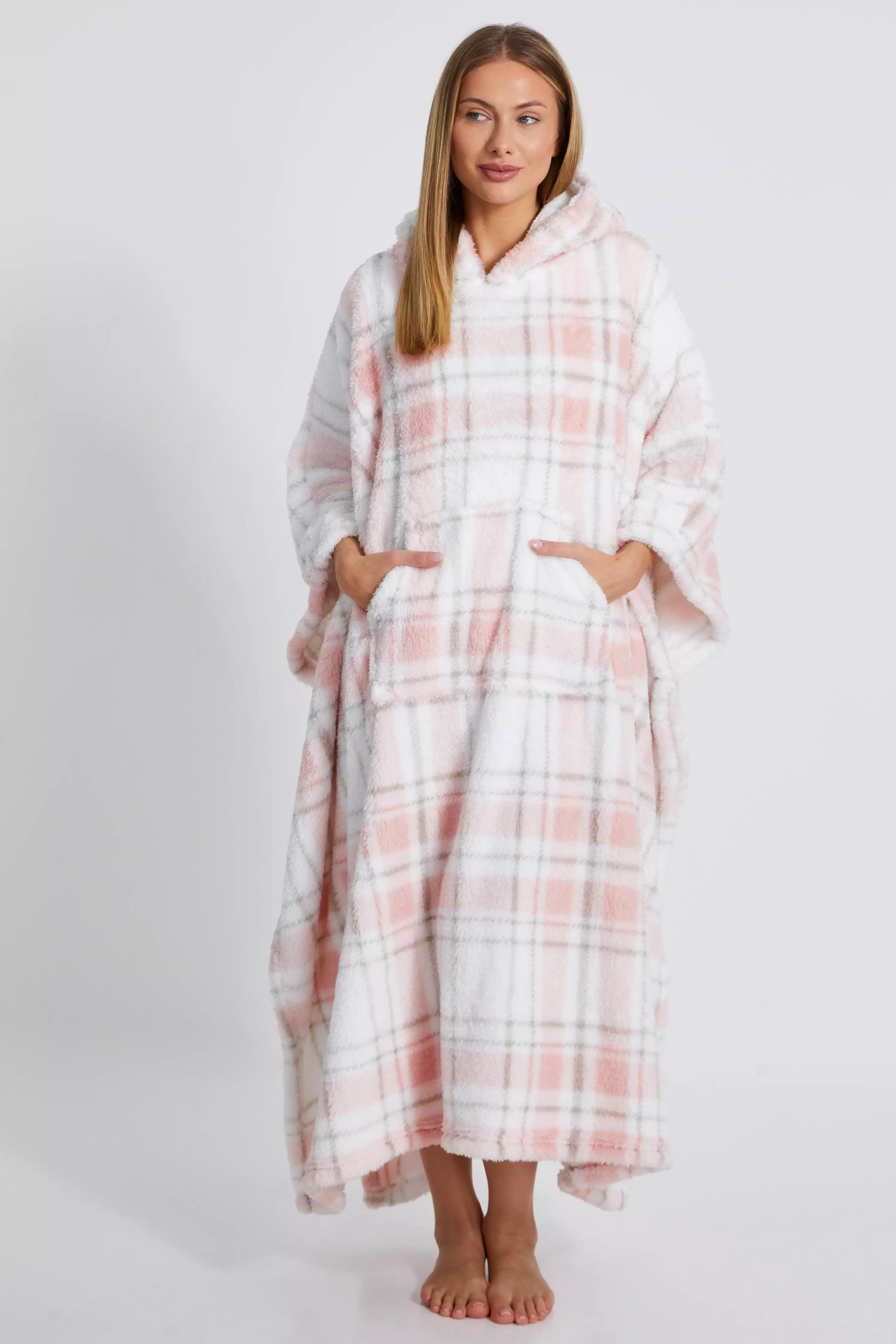 Pink Check Fleece Blanket Hoodie