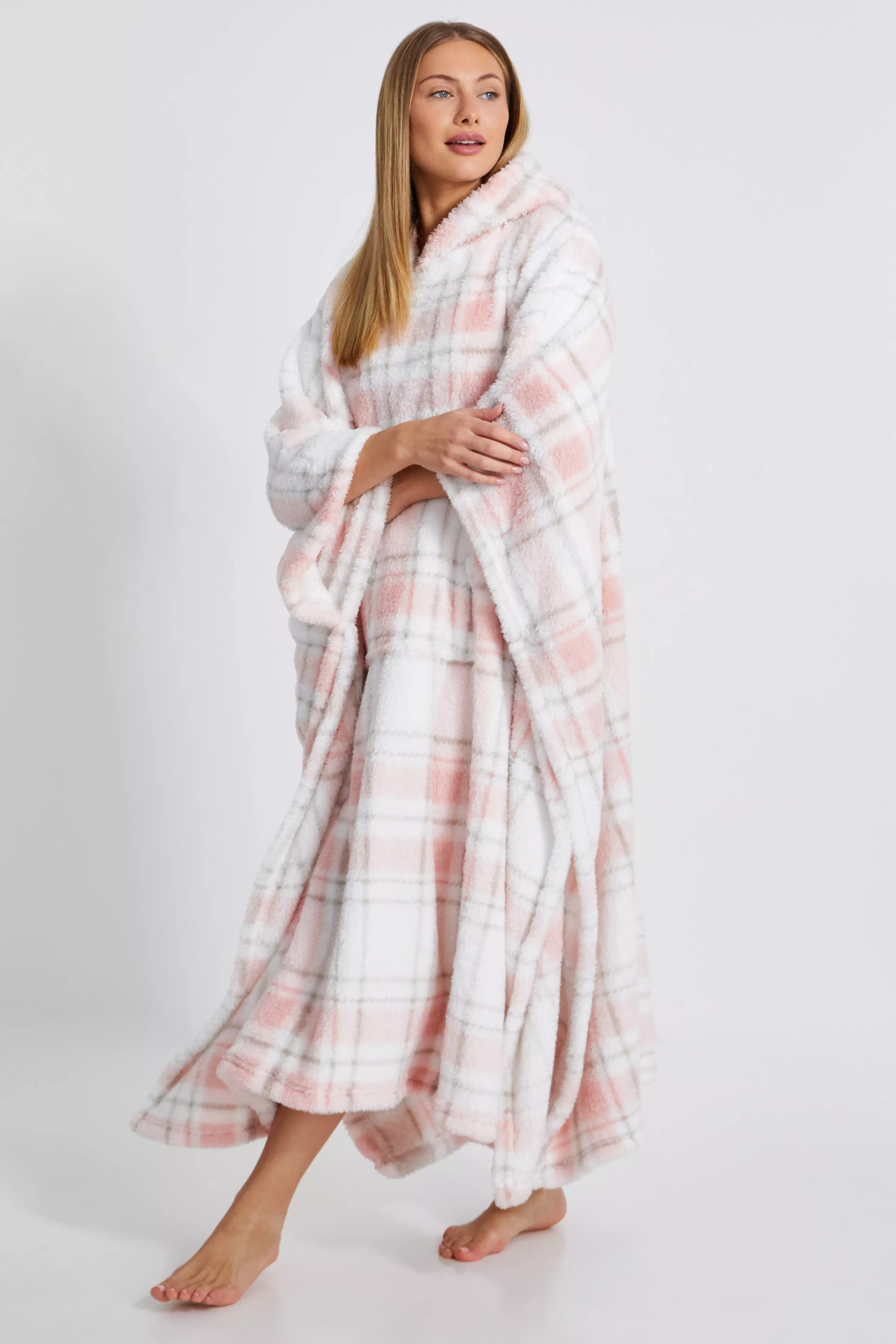 Pink Check Fleece Blanket Hoodie