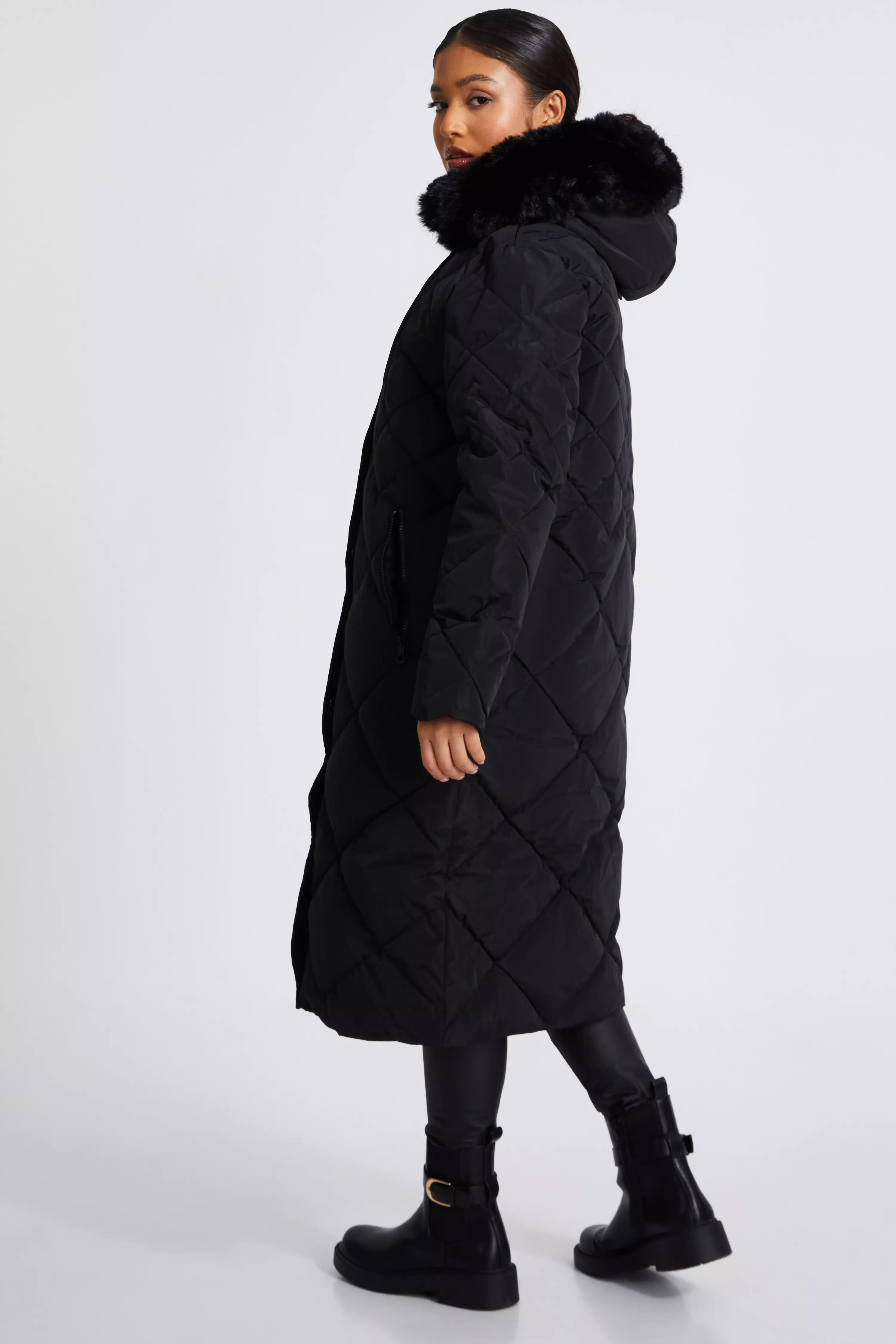 Petite Black Quilted Long Parka