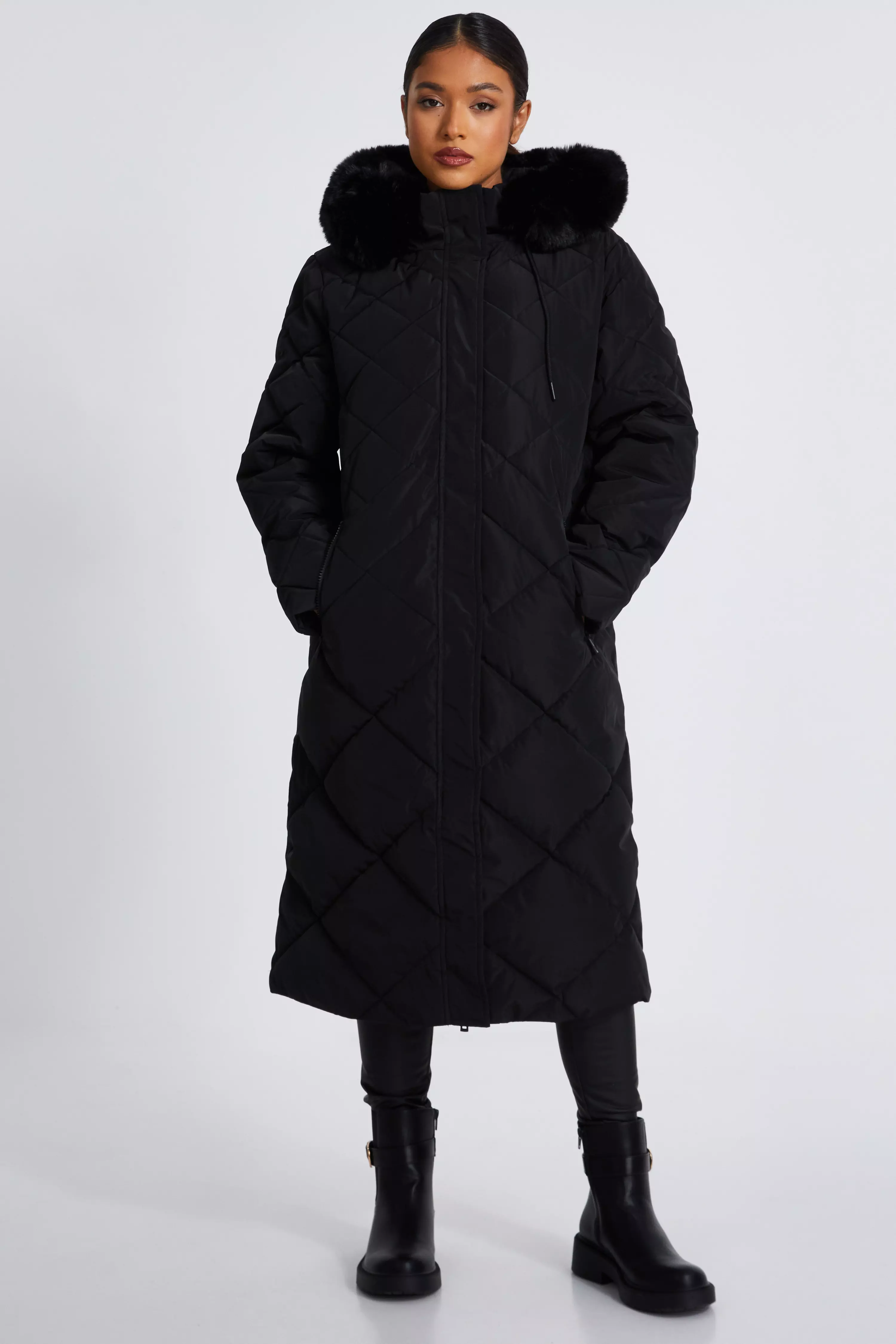 Petite Black Quilted Long Parka