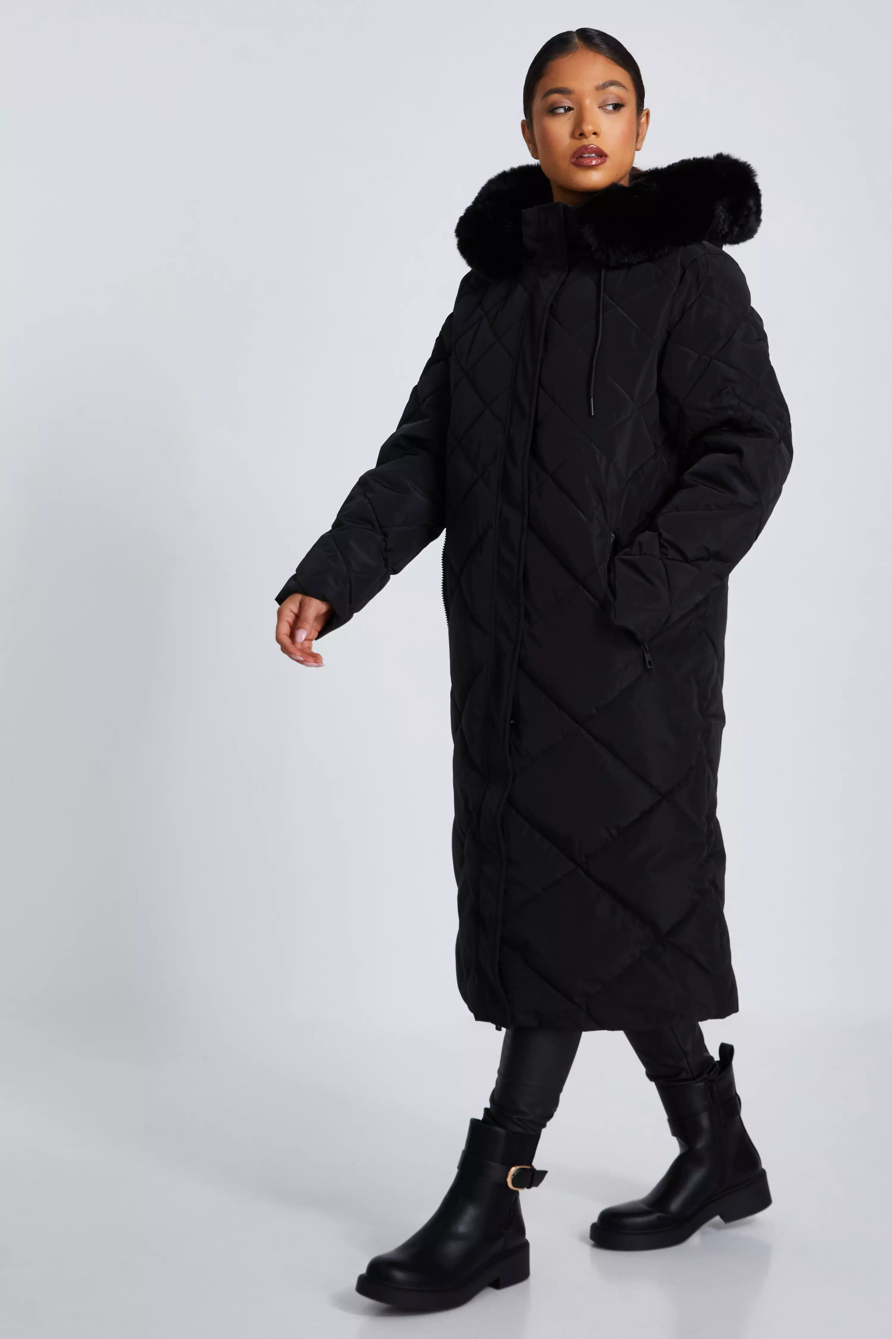 Petite Black Quilted Long Parka