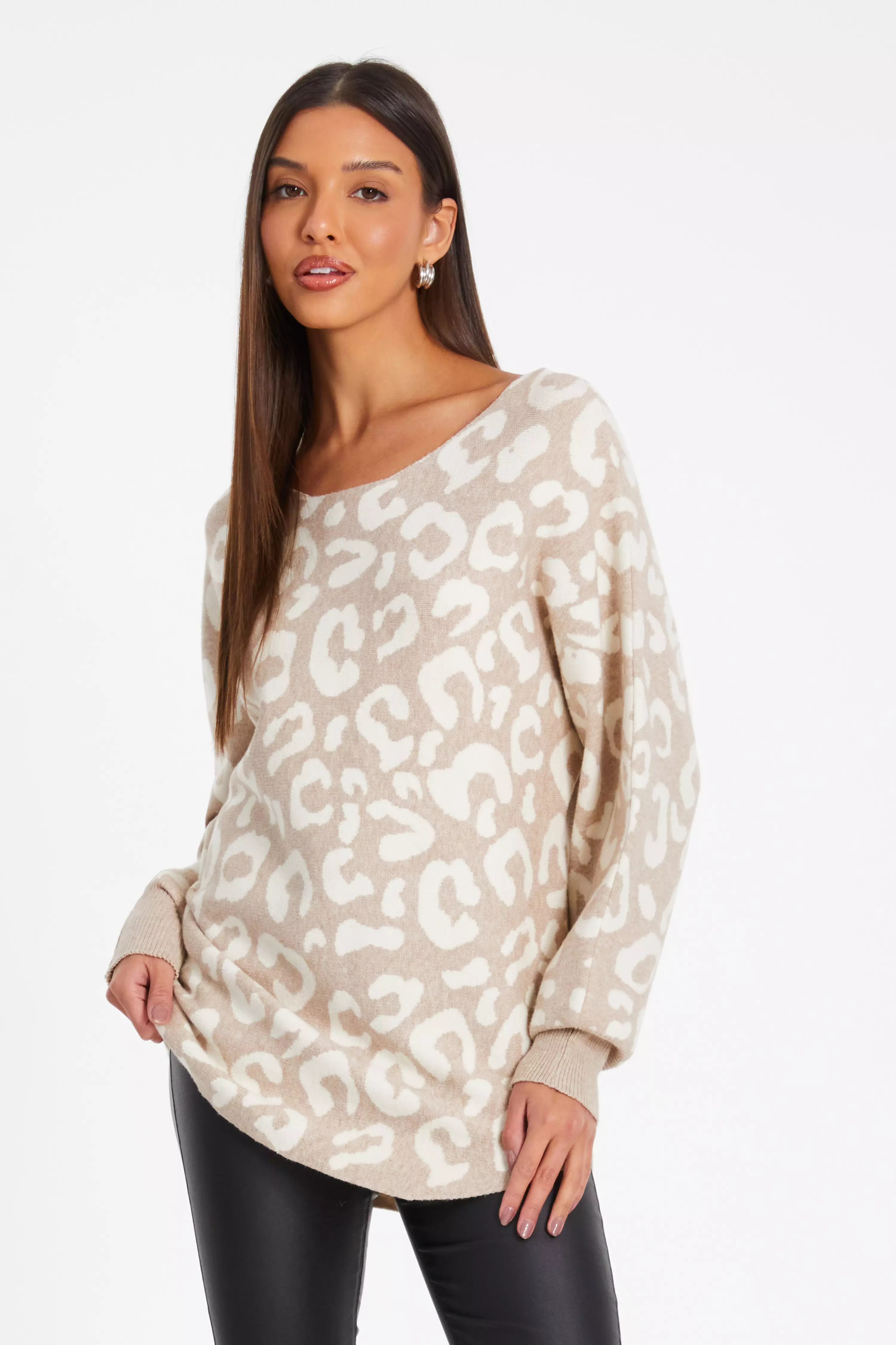 Stone Leopard Print Knit Batwing Jumper