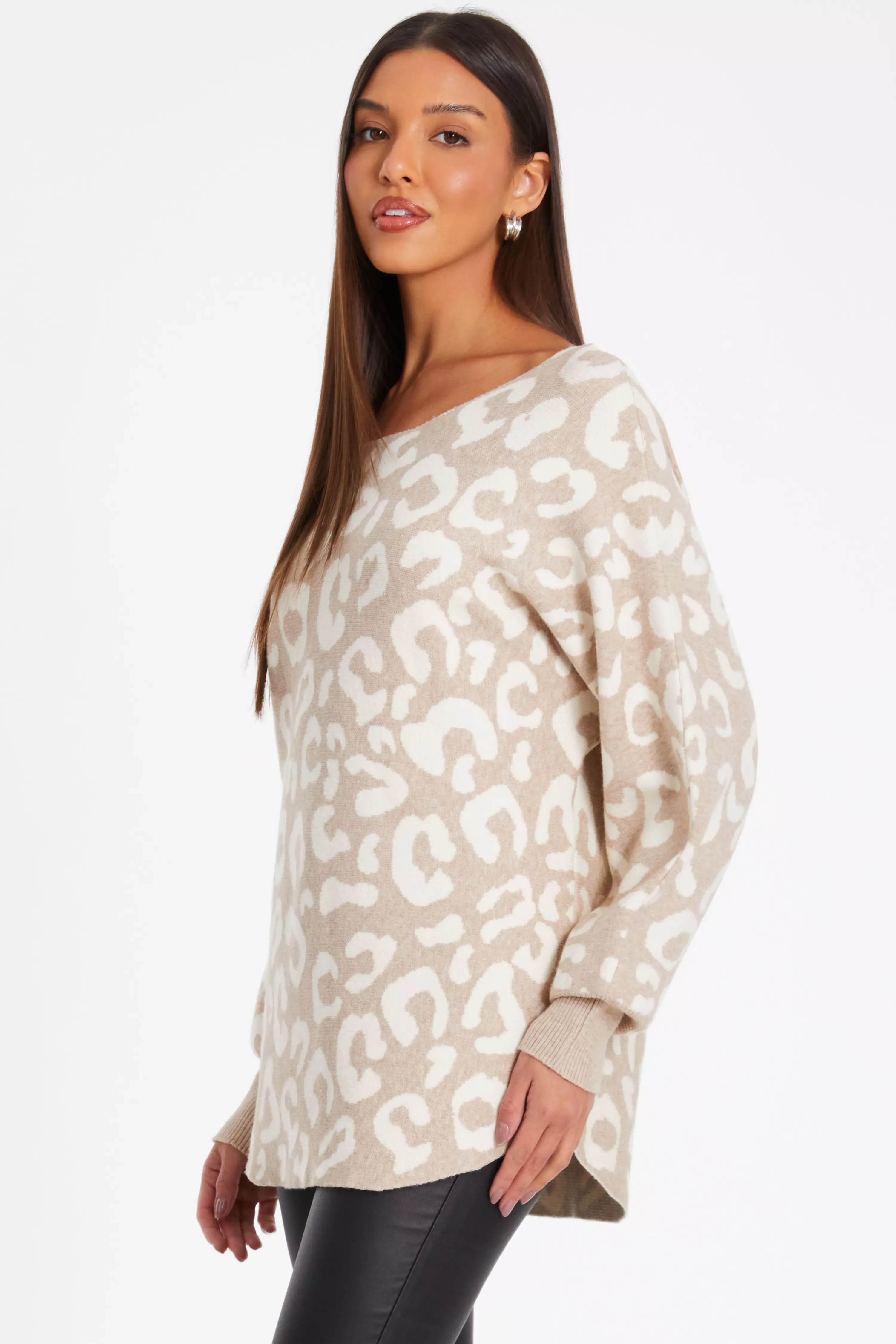 Stone Leopard Print Knit Batwing Jumper