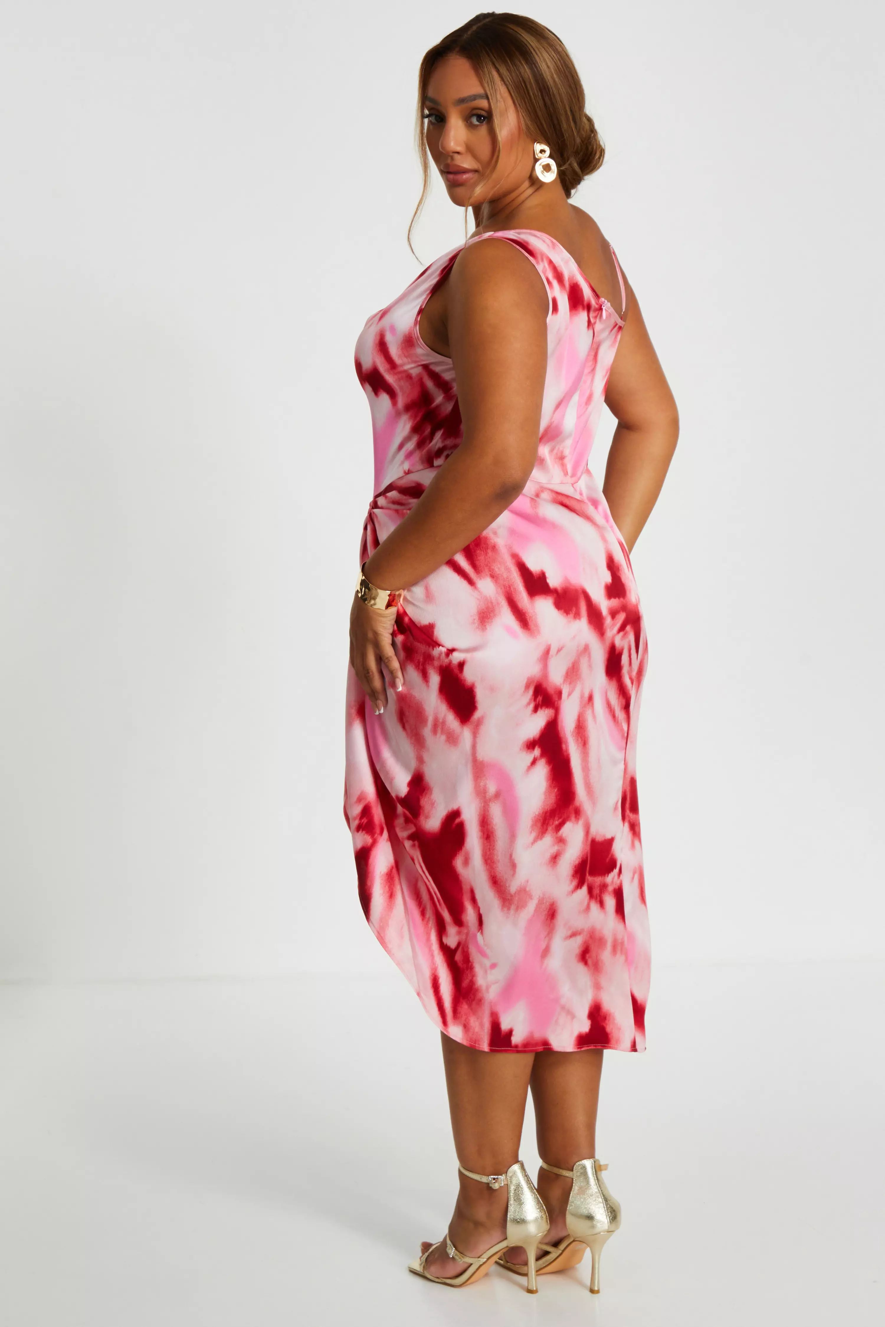Curve Pink Satin Marble Print Ruched Midi Dress
