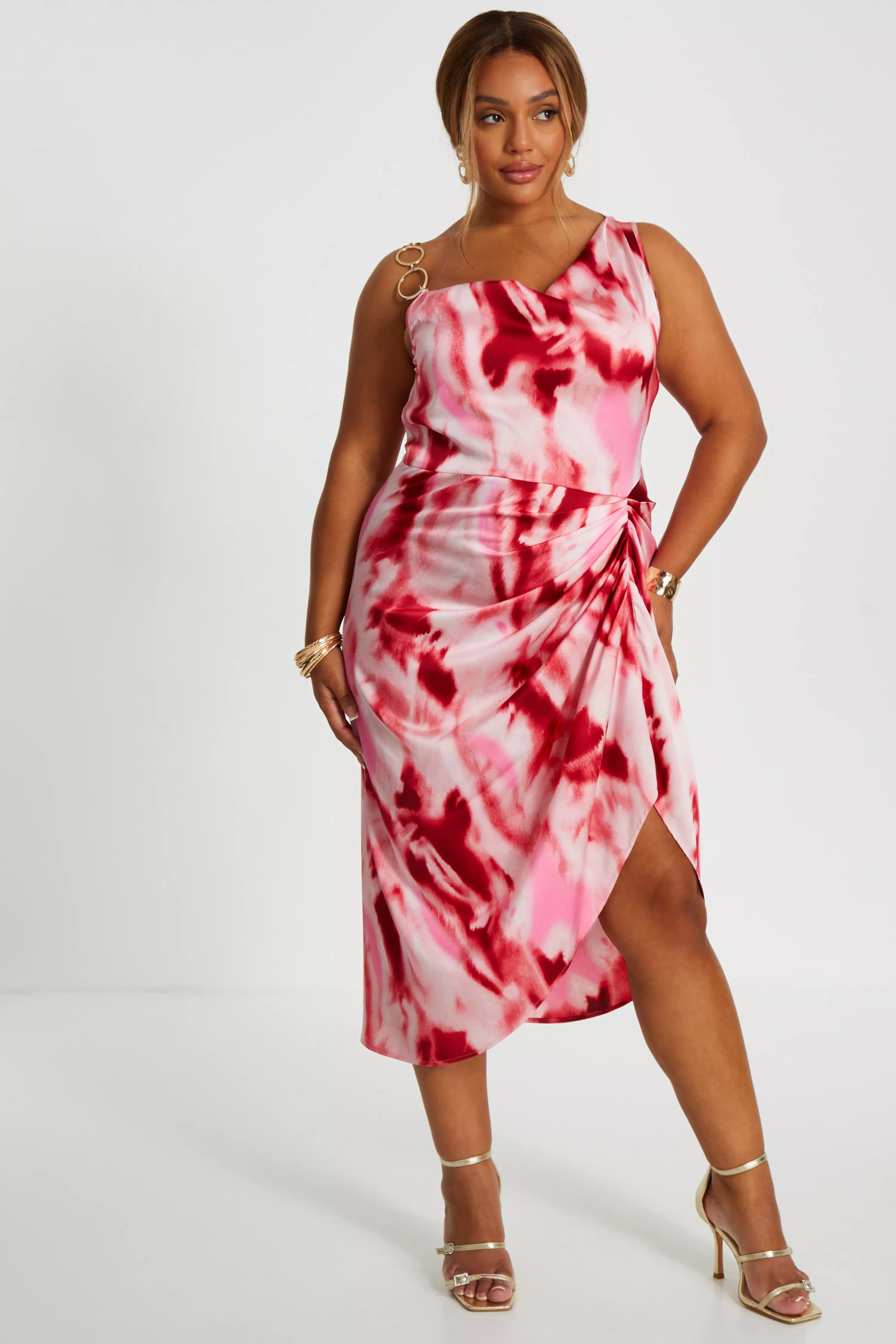 Curve Pink Satin Marble Print Ruched Midi Dress