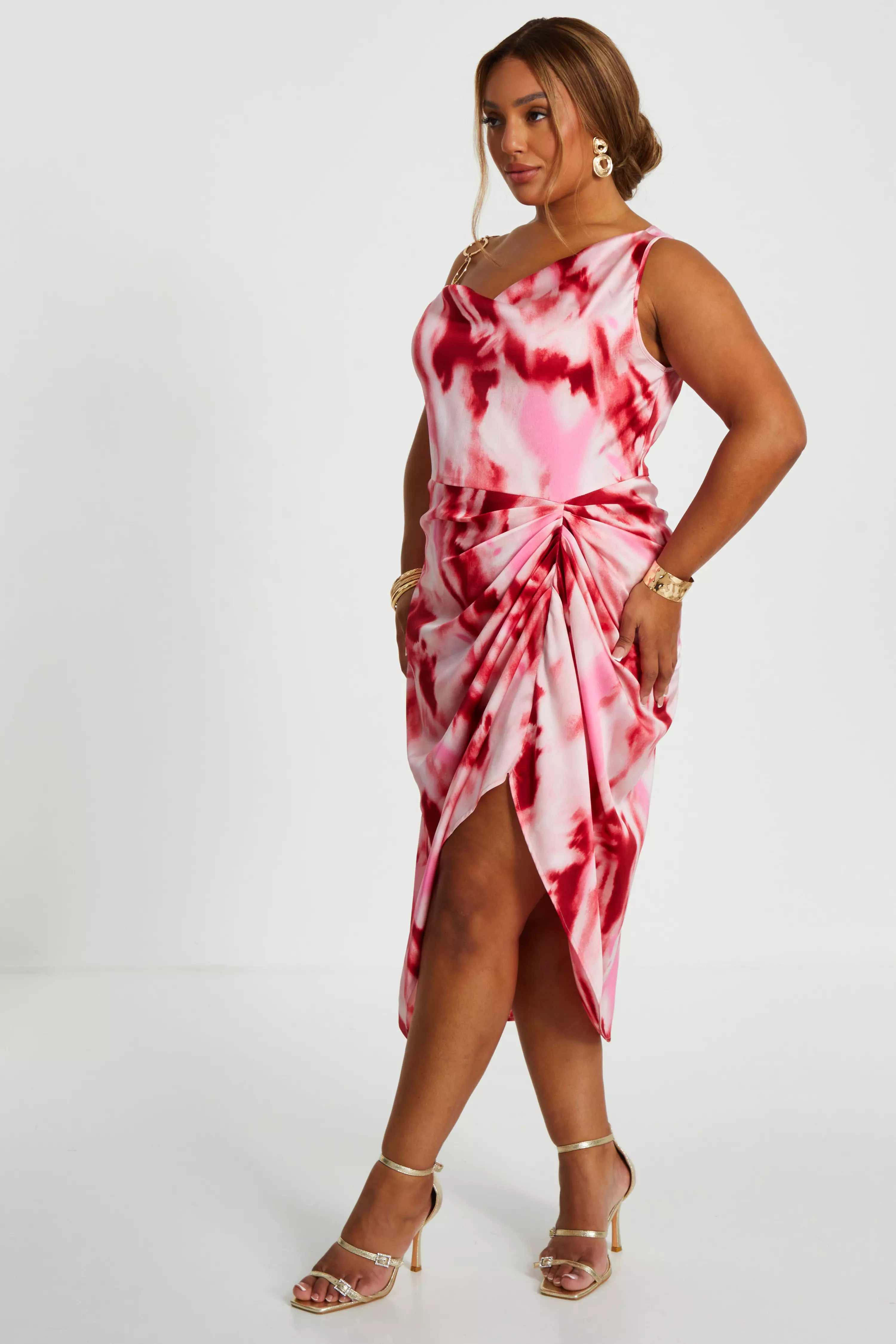 Curve Pink Satin Marble Print Midi Dress