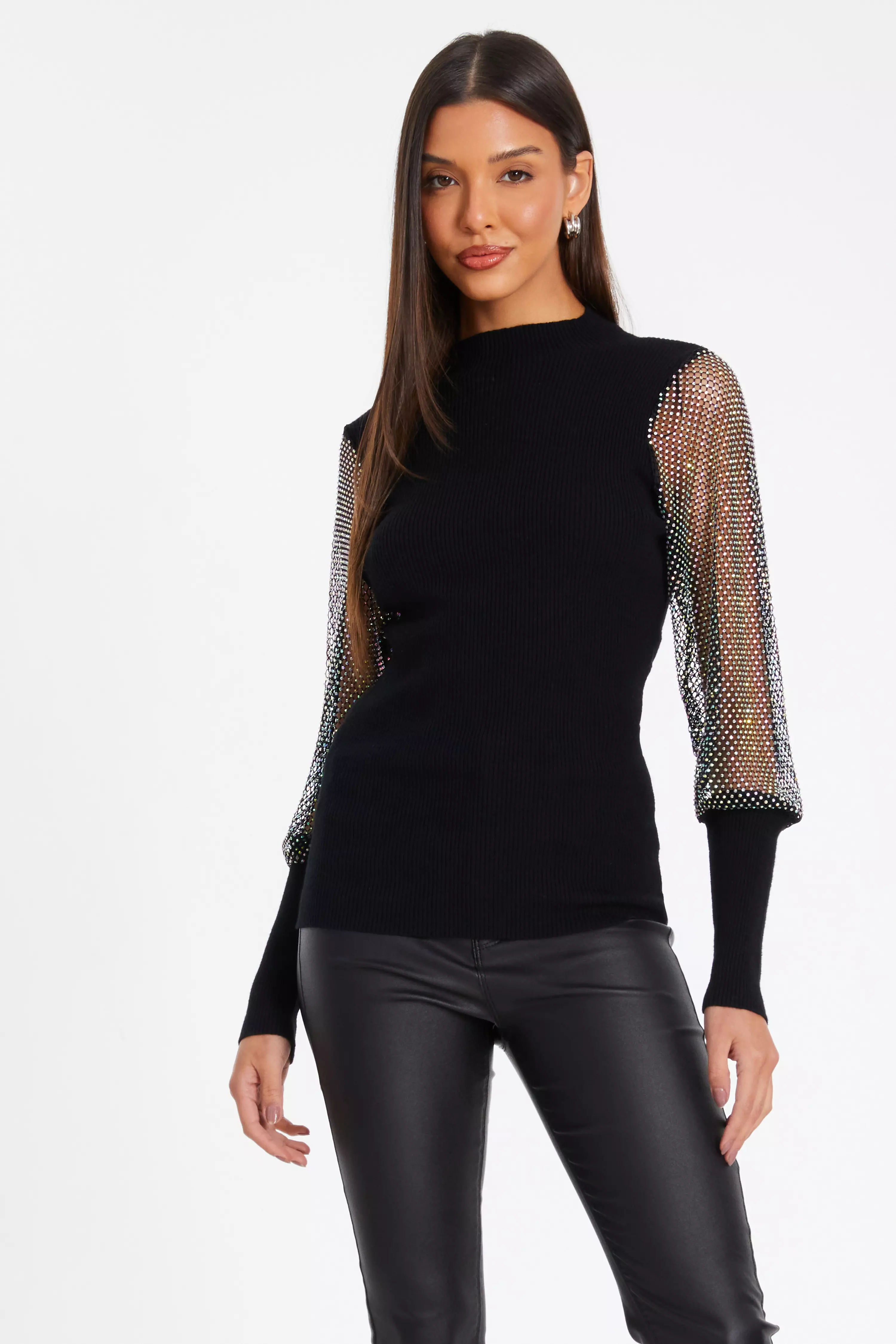 Black Knit Diamante Sleeve Jumper