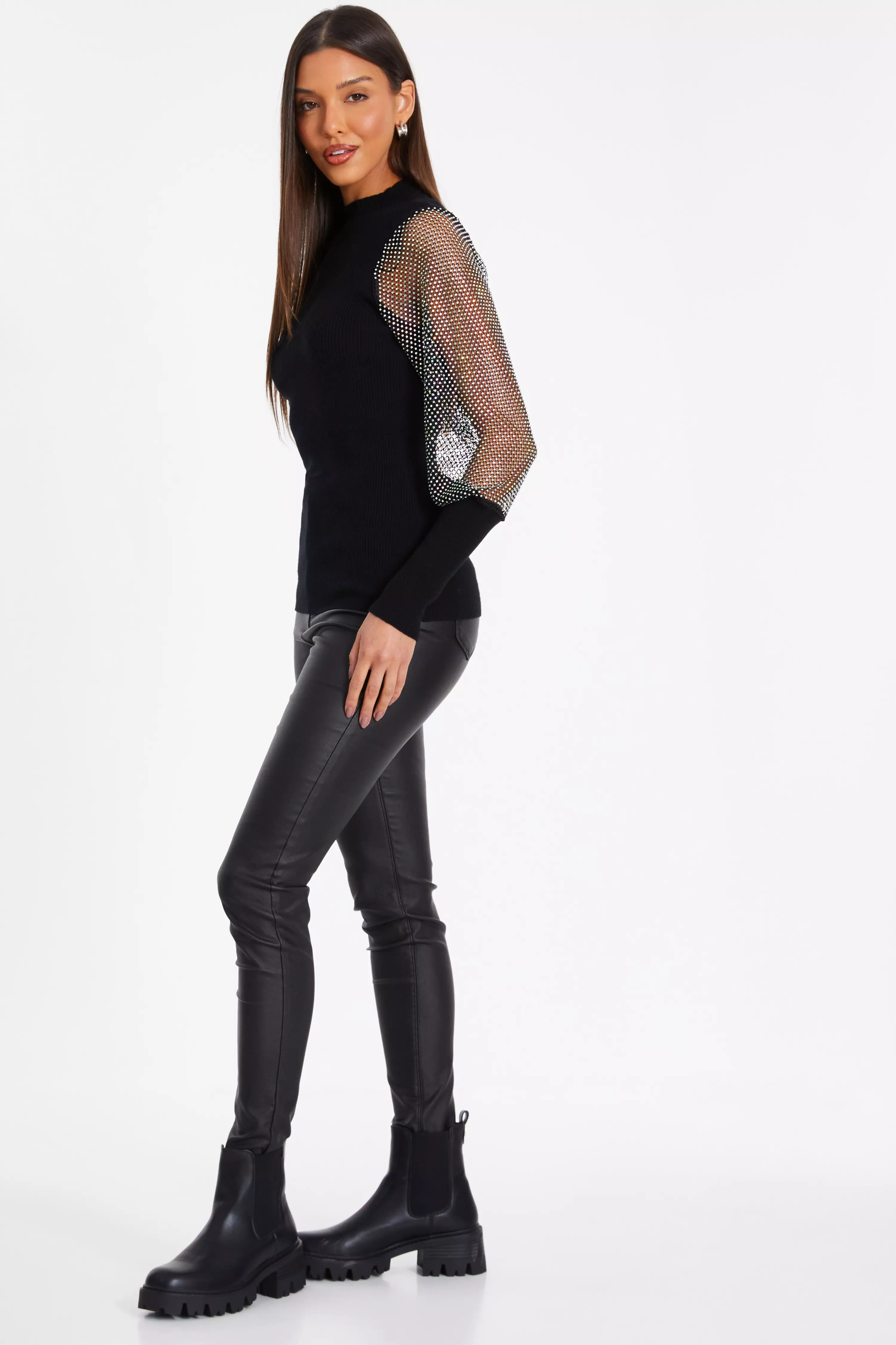 Black Knit Diamante Sleeve Jumper