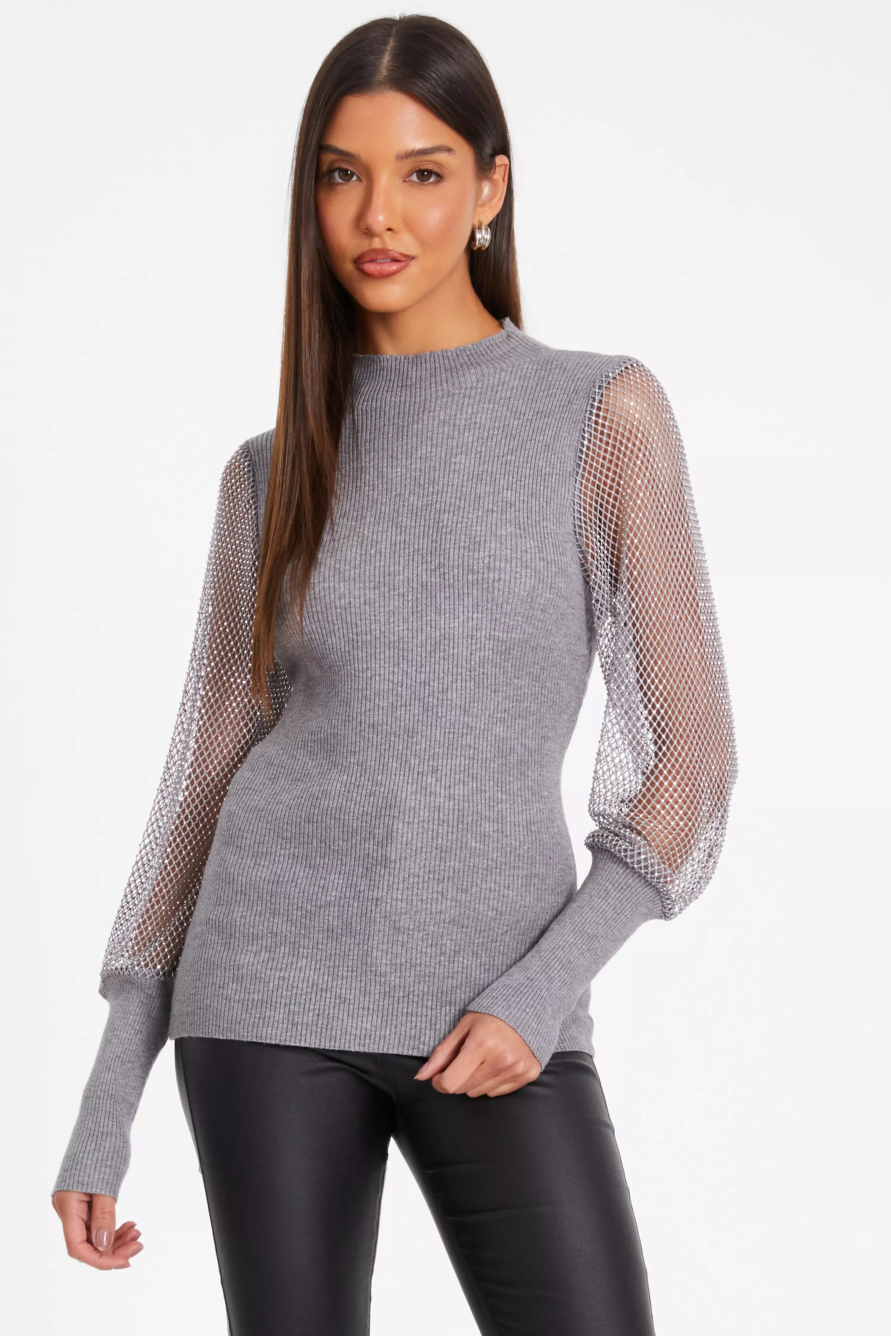 Grey Knit Diamante Sleeve Jumper