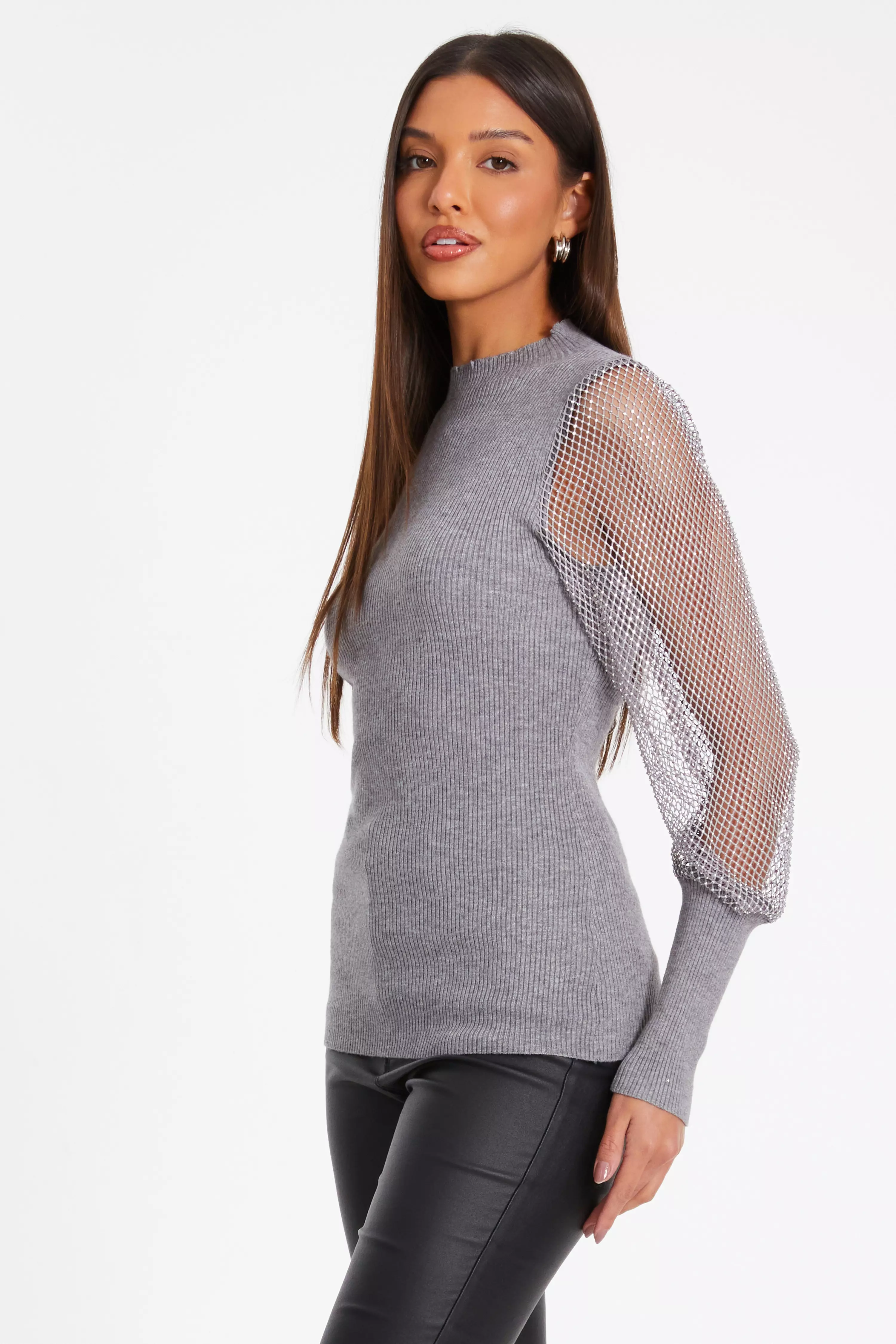 Grey Knit Diamante Sleeve Jumper