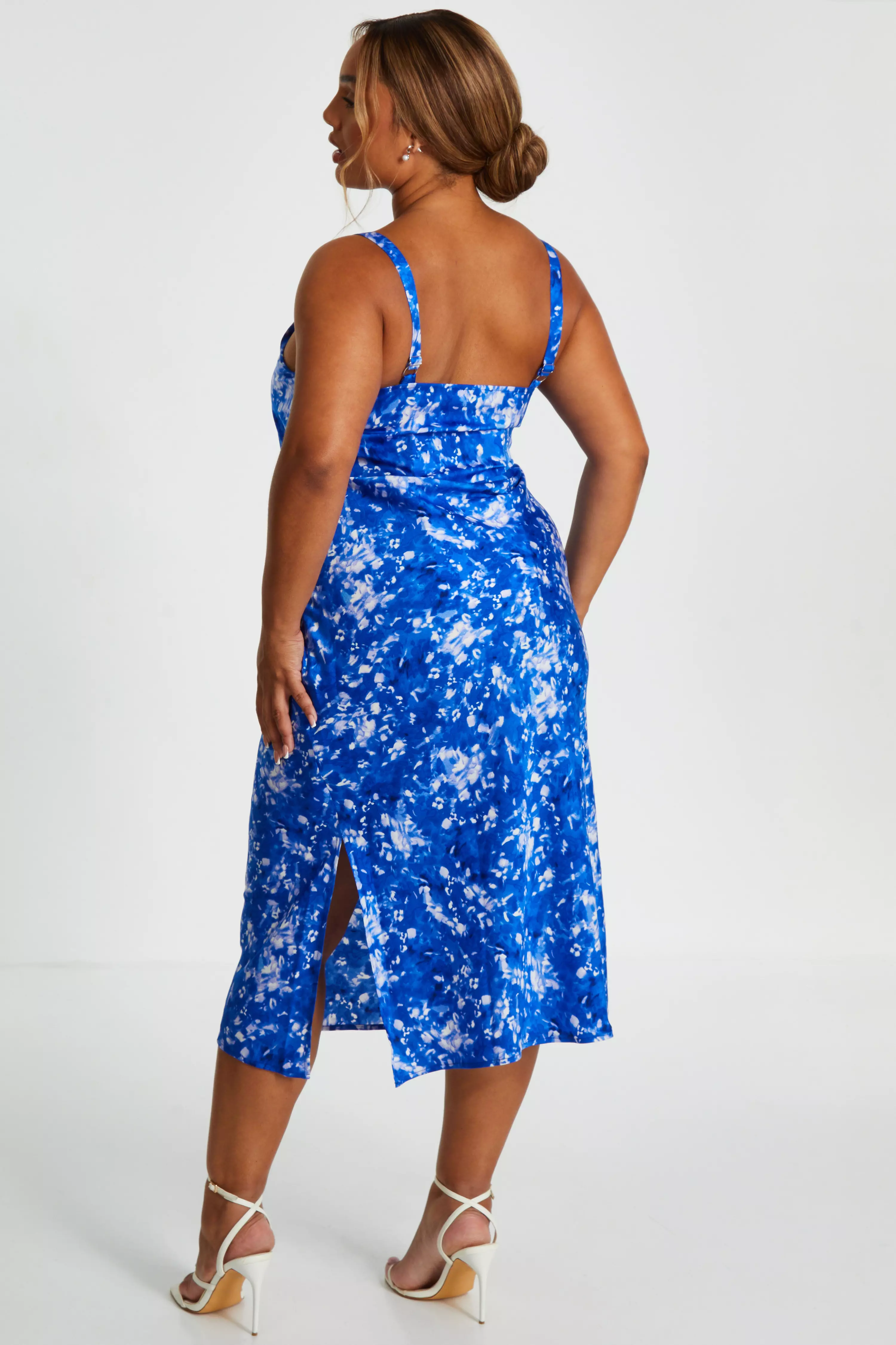 Curve Blue Ditsy Floral Satin Midaxi Dress