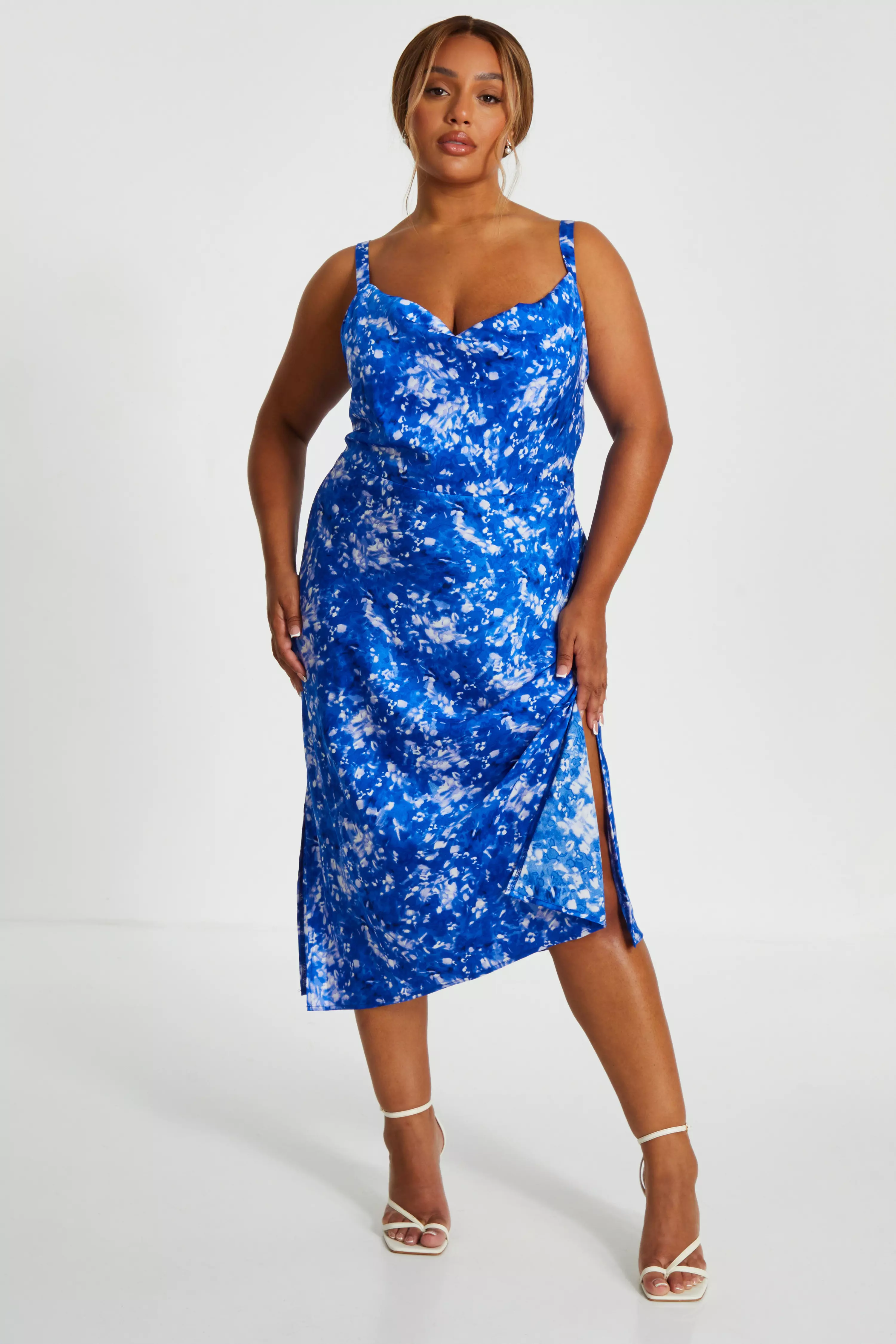 Curve Blue Ditsy Floral Satin Midaxi Dress