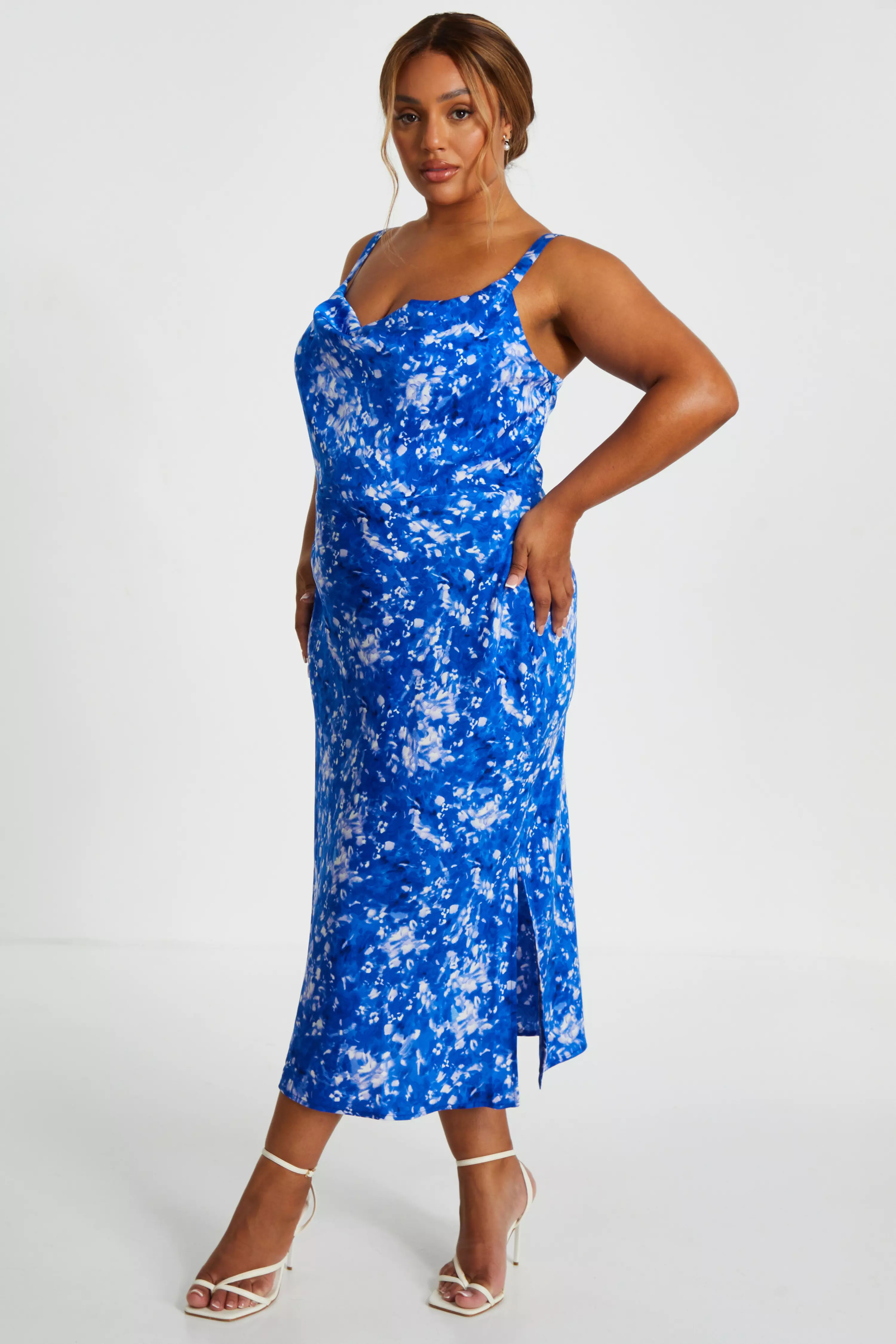 Curve Blue Ditsy Floral Satin Midaxi Dress