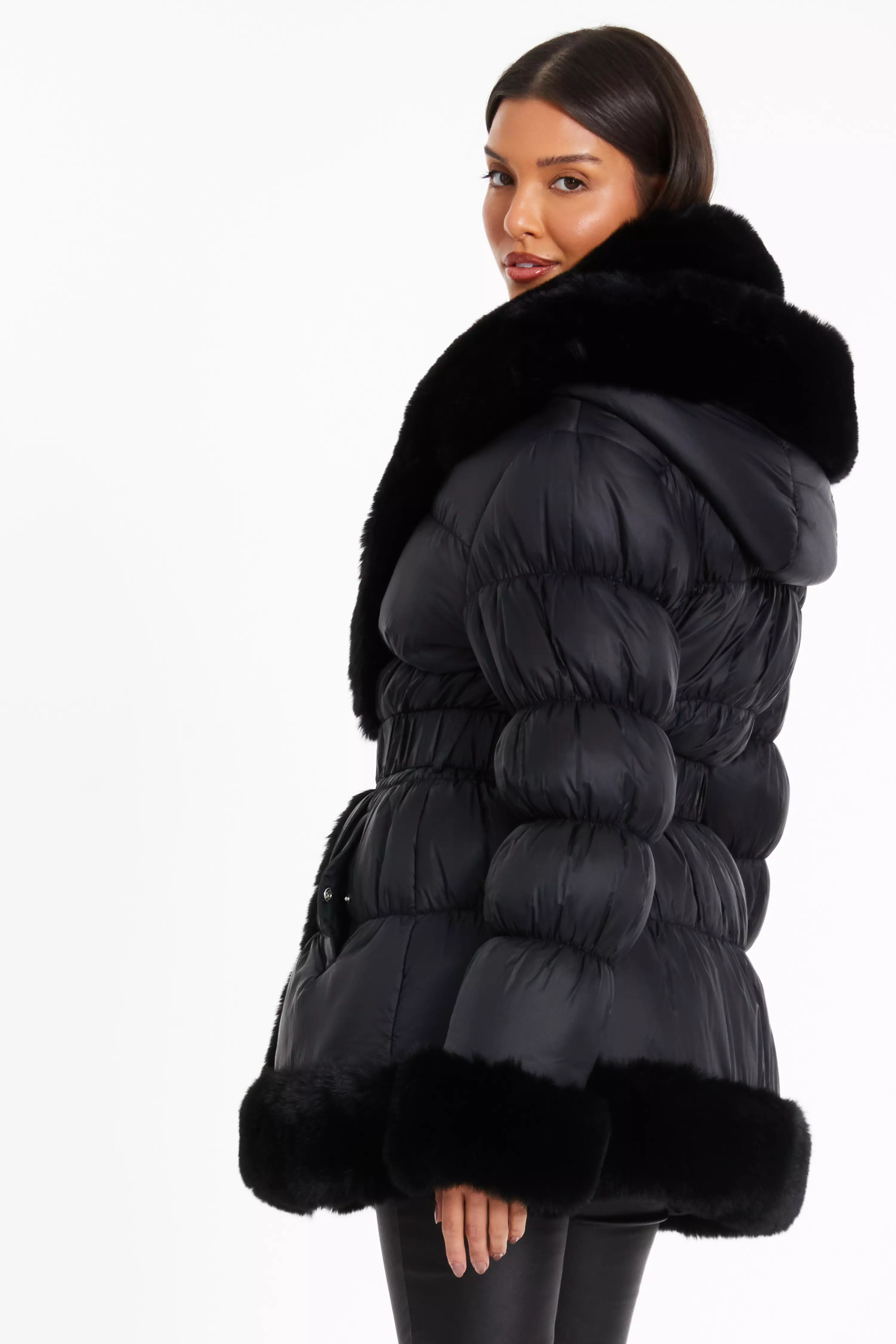 Black Padded Faux Fur Trim Jacket