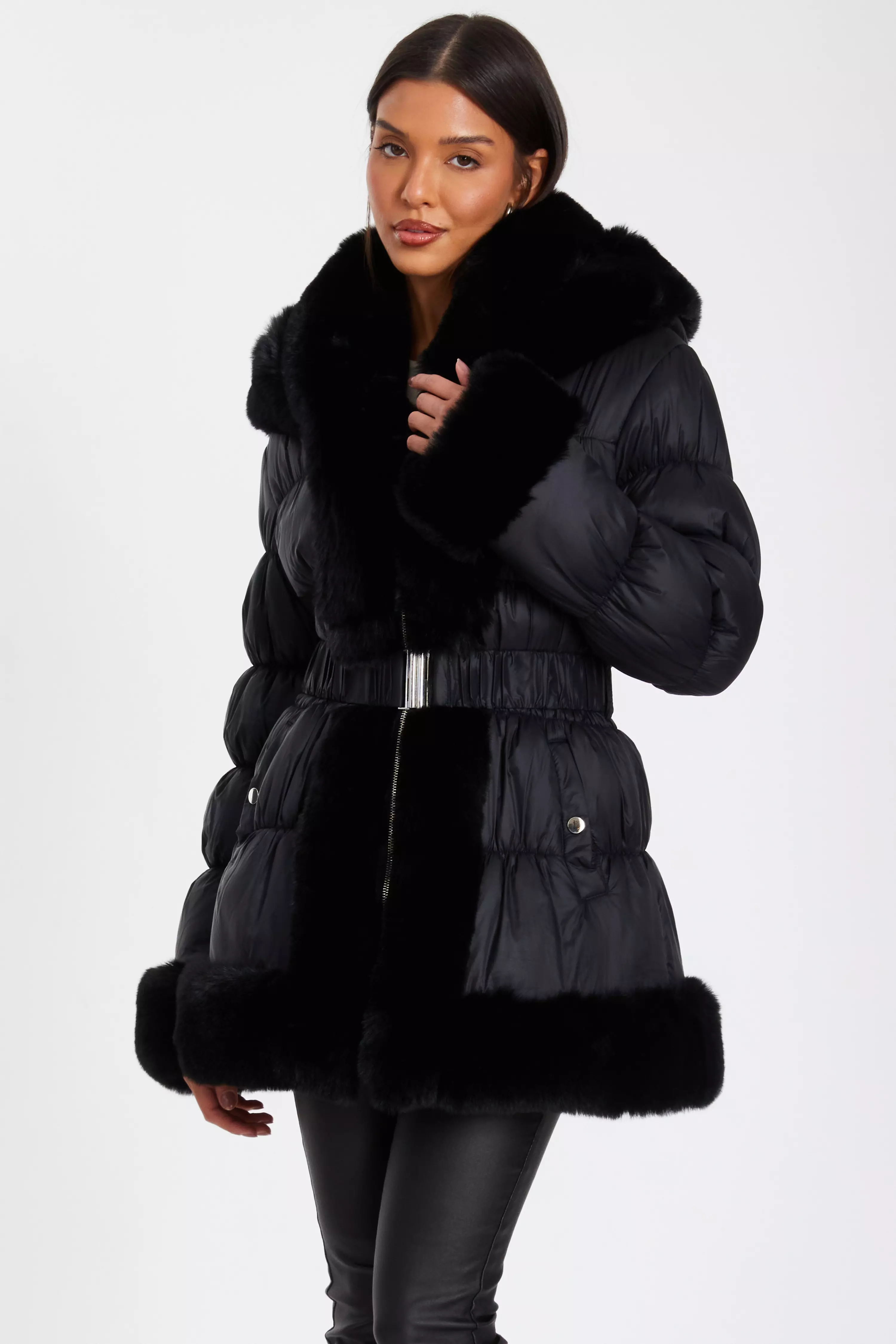 Black Padded Faux Fur Trim Jacket