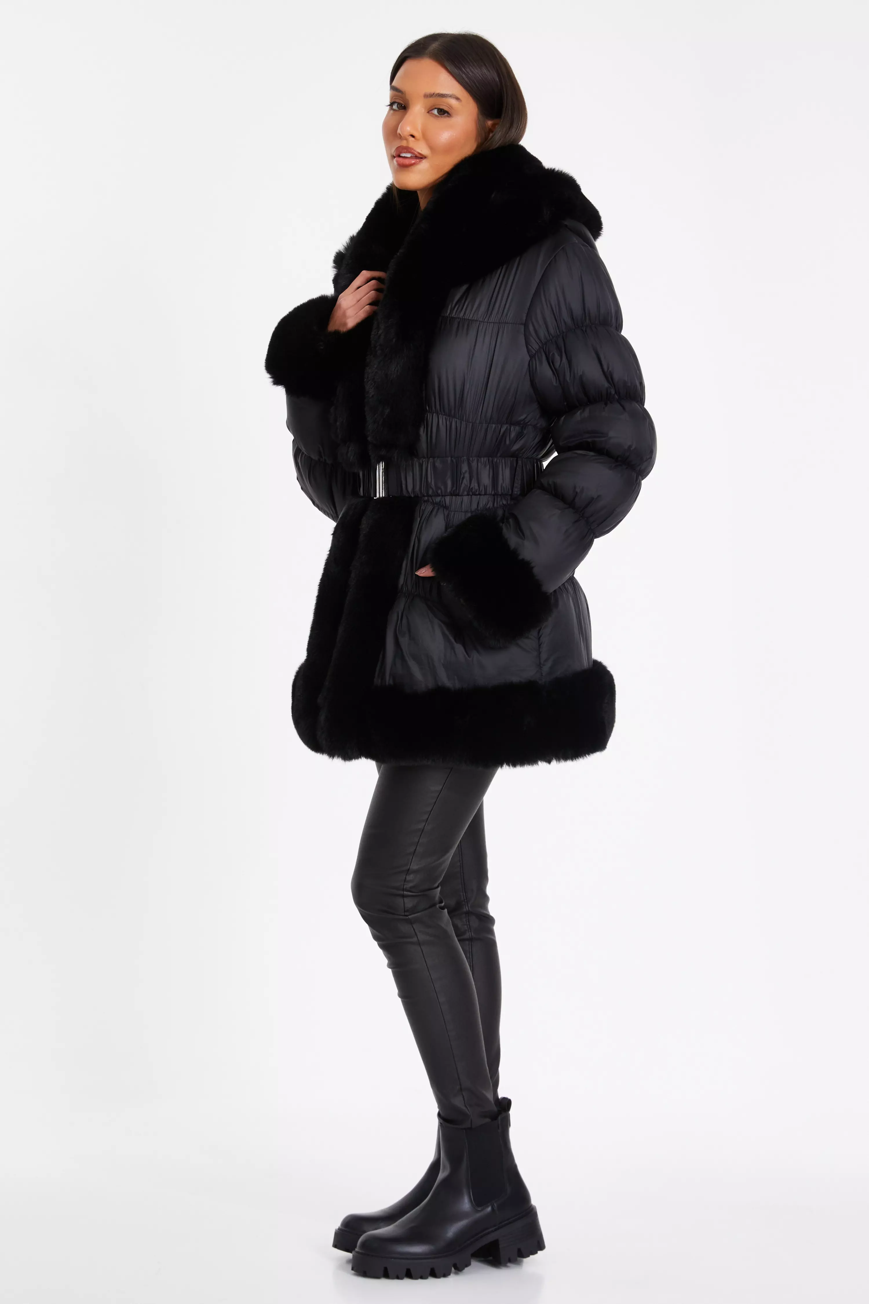 Black Padded Faux Fur Trim Jacket