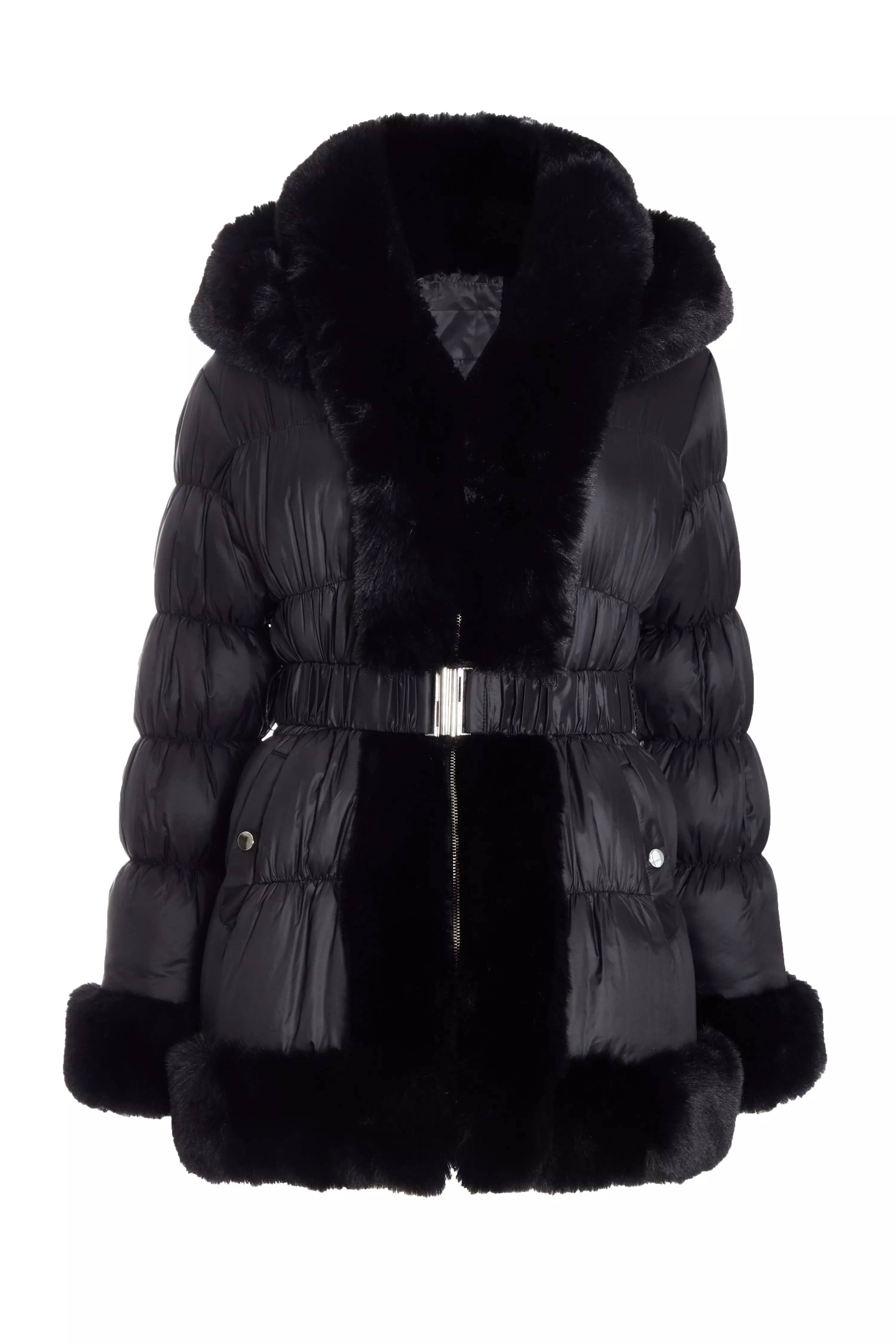 Black Padded Faux Fur Trim Jacket