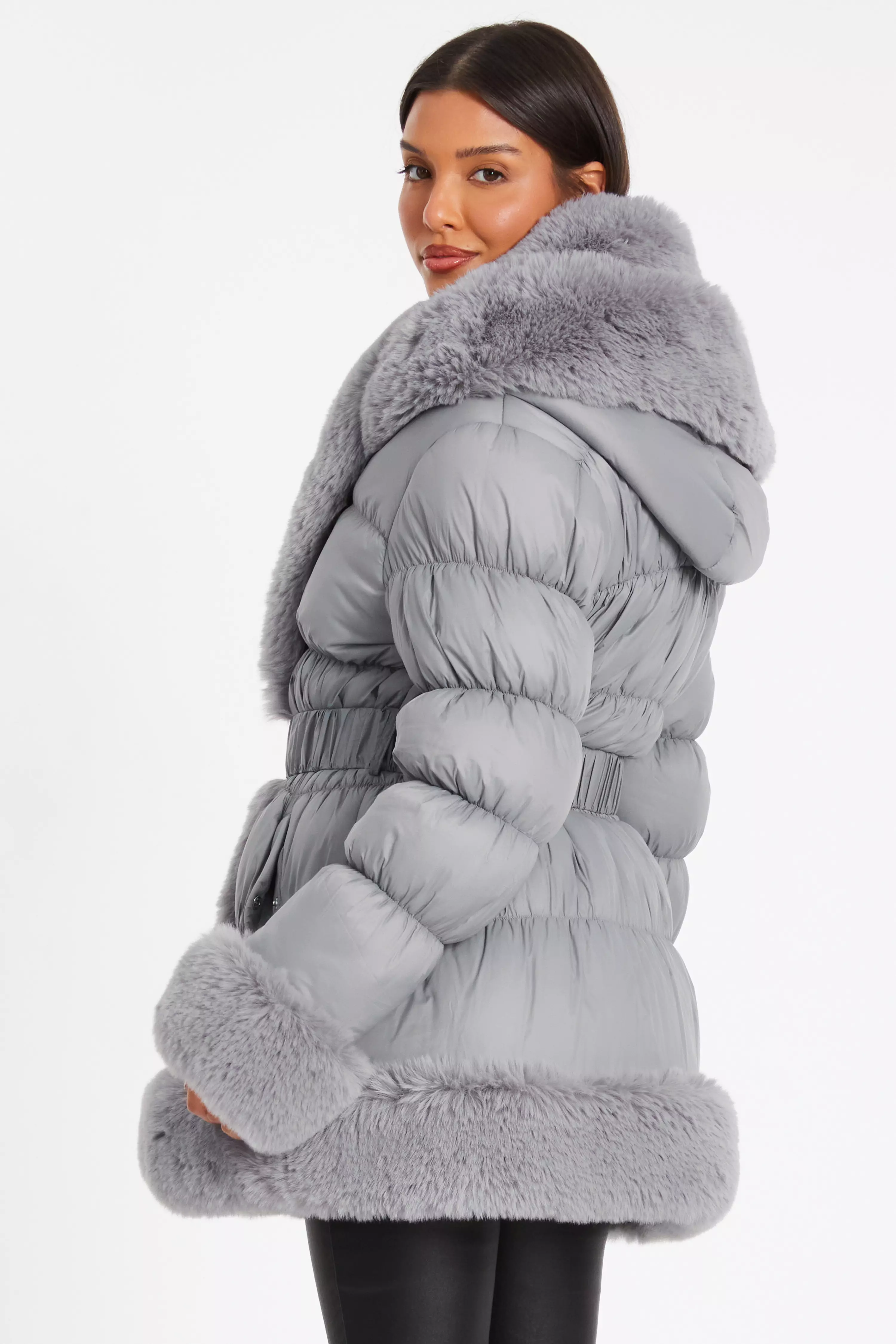 Grey Padded Faux Fur Trim Jacket