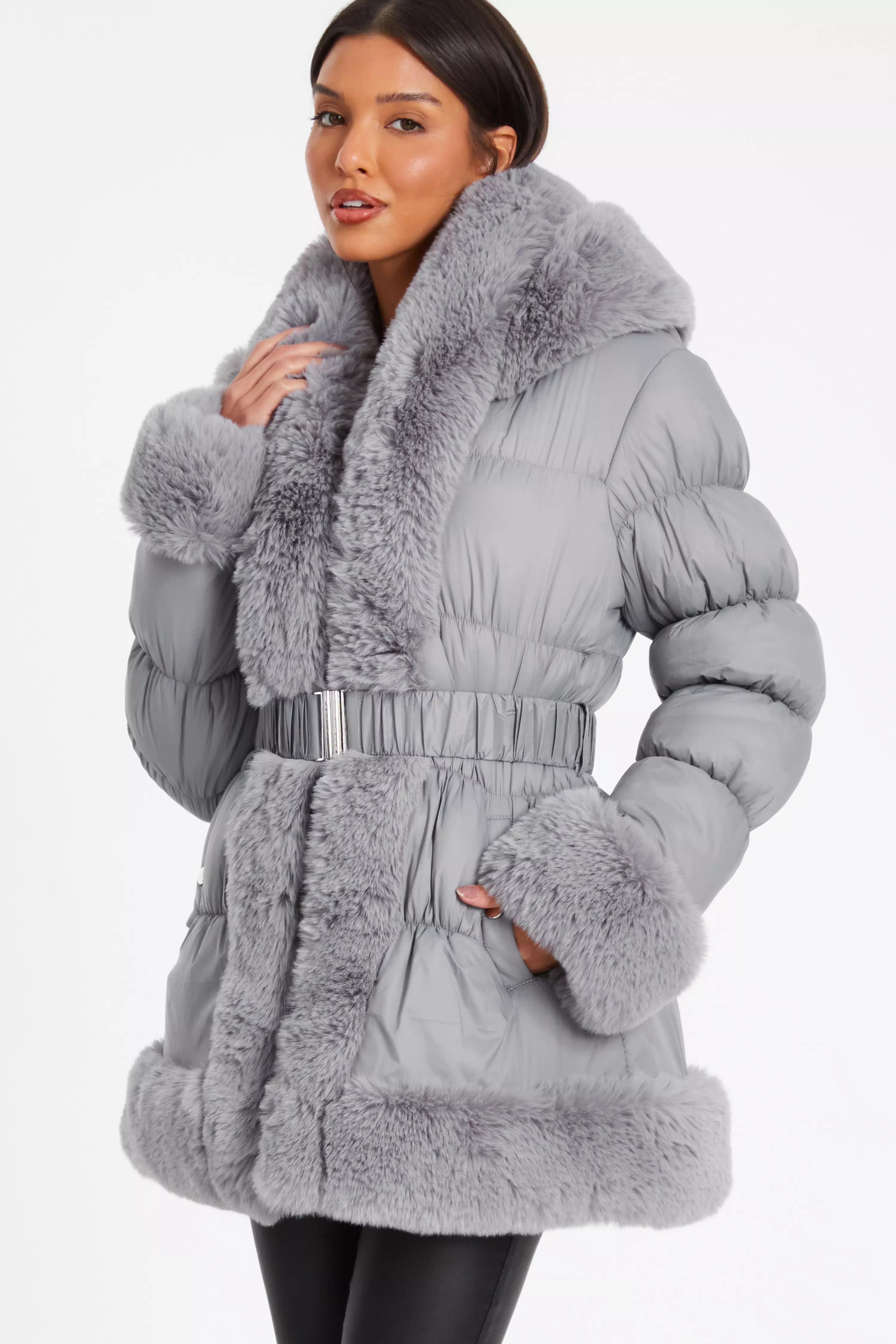 Grey Padded Faux Fur Trim Jacket