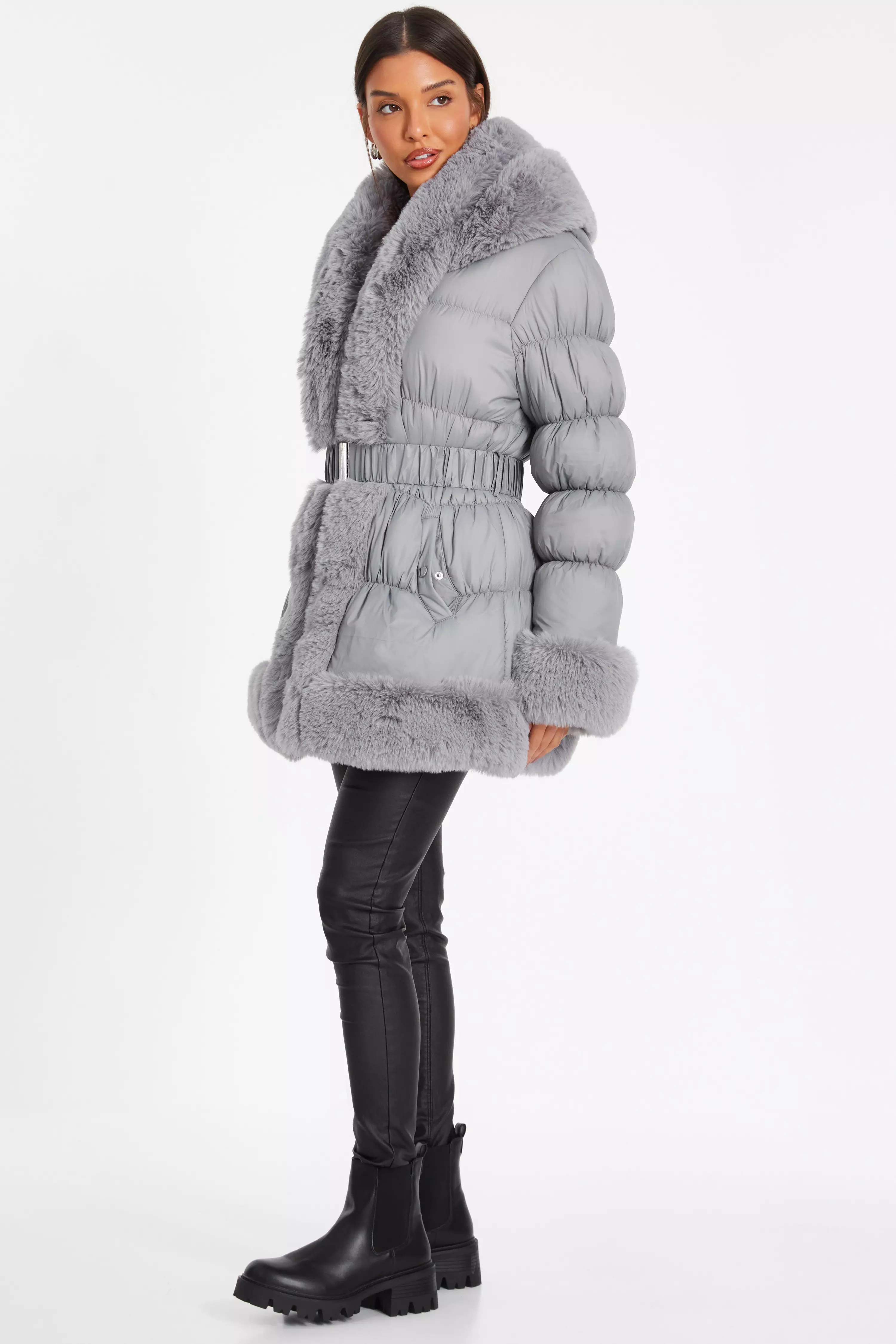 Grey Padded Faux Fur Trim Jacket