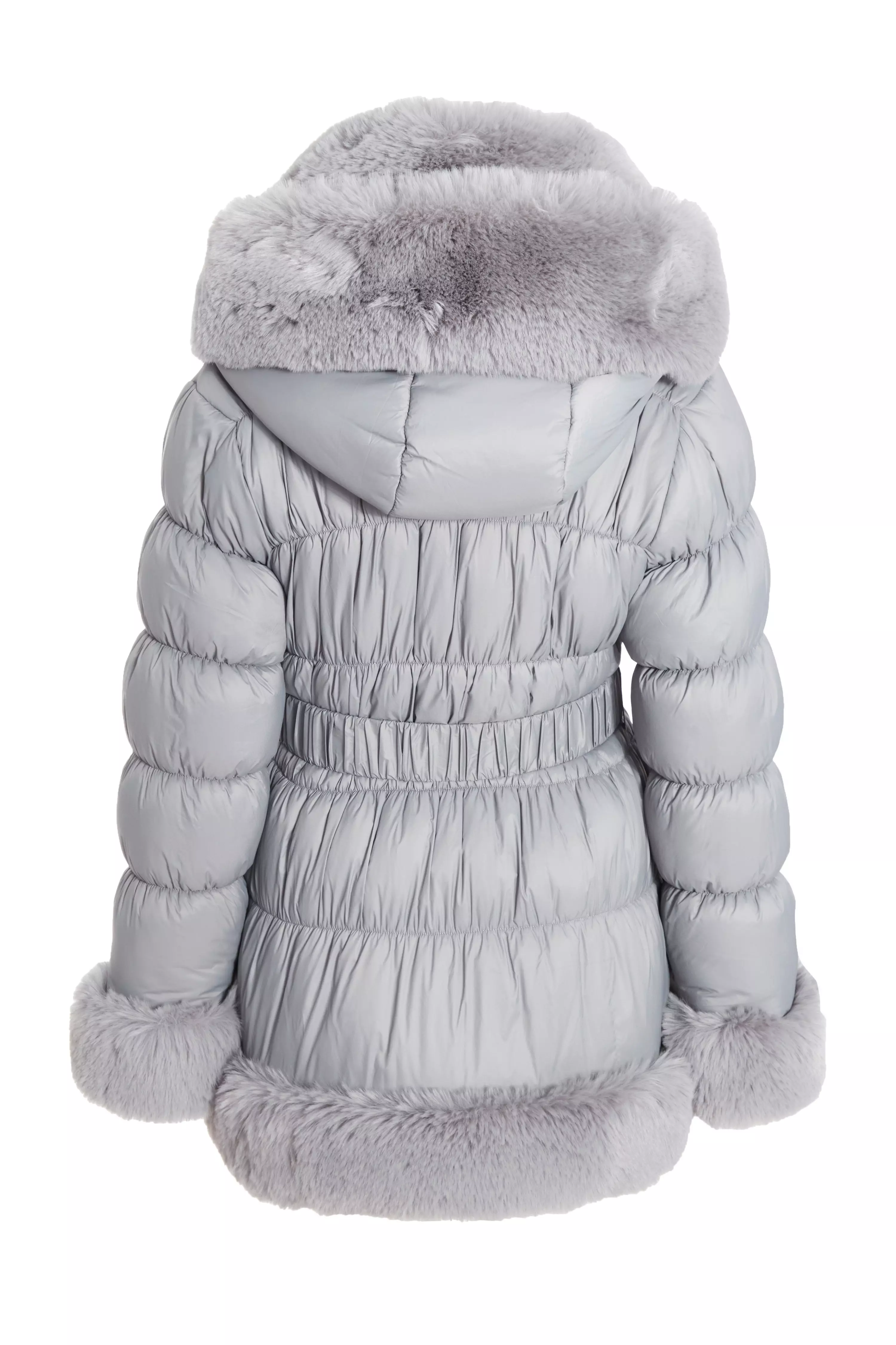 Grey Padded Faux Fur Trim Jacket