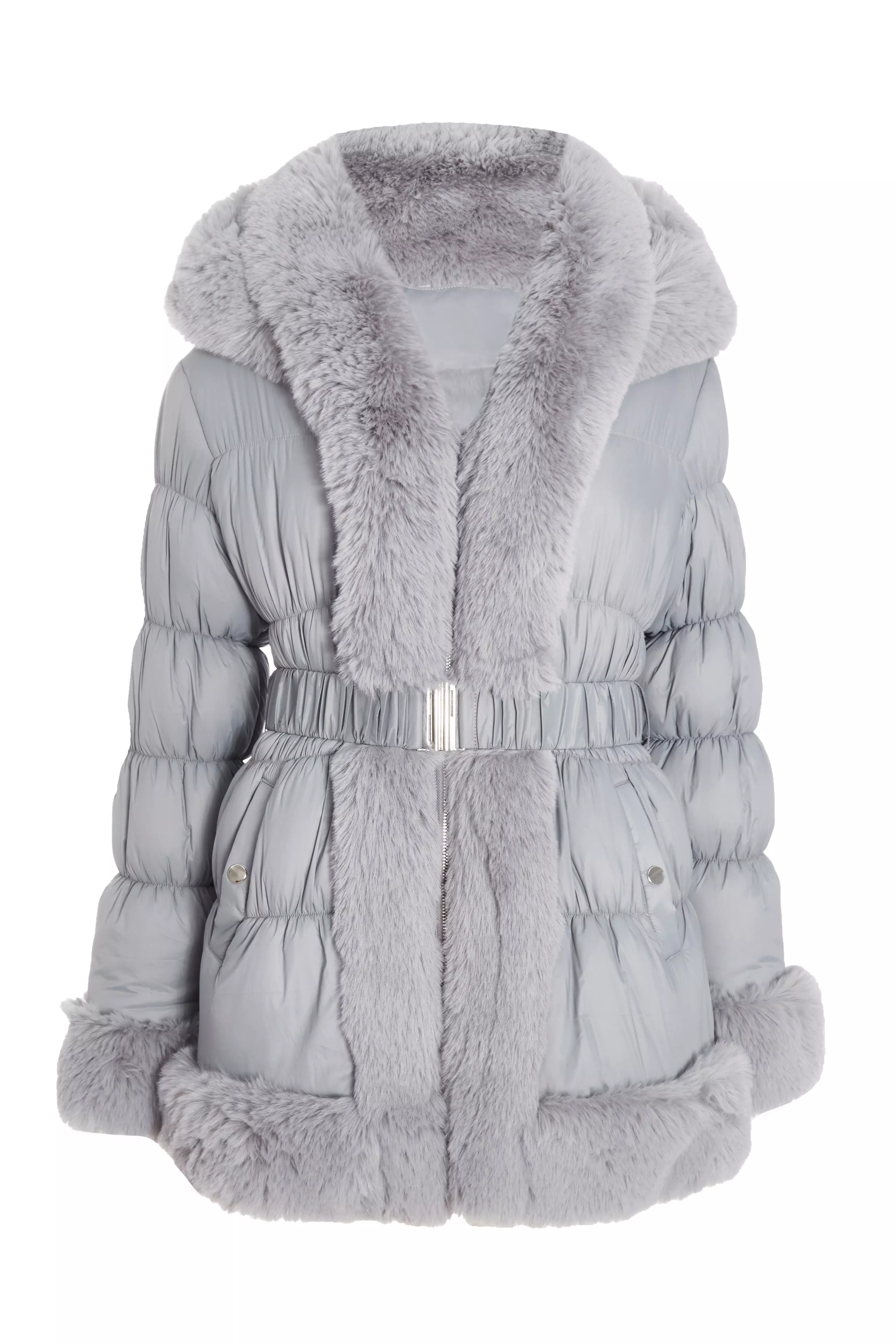 Grey Padded Faux Fur Trim Jacket