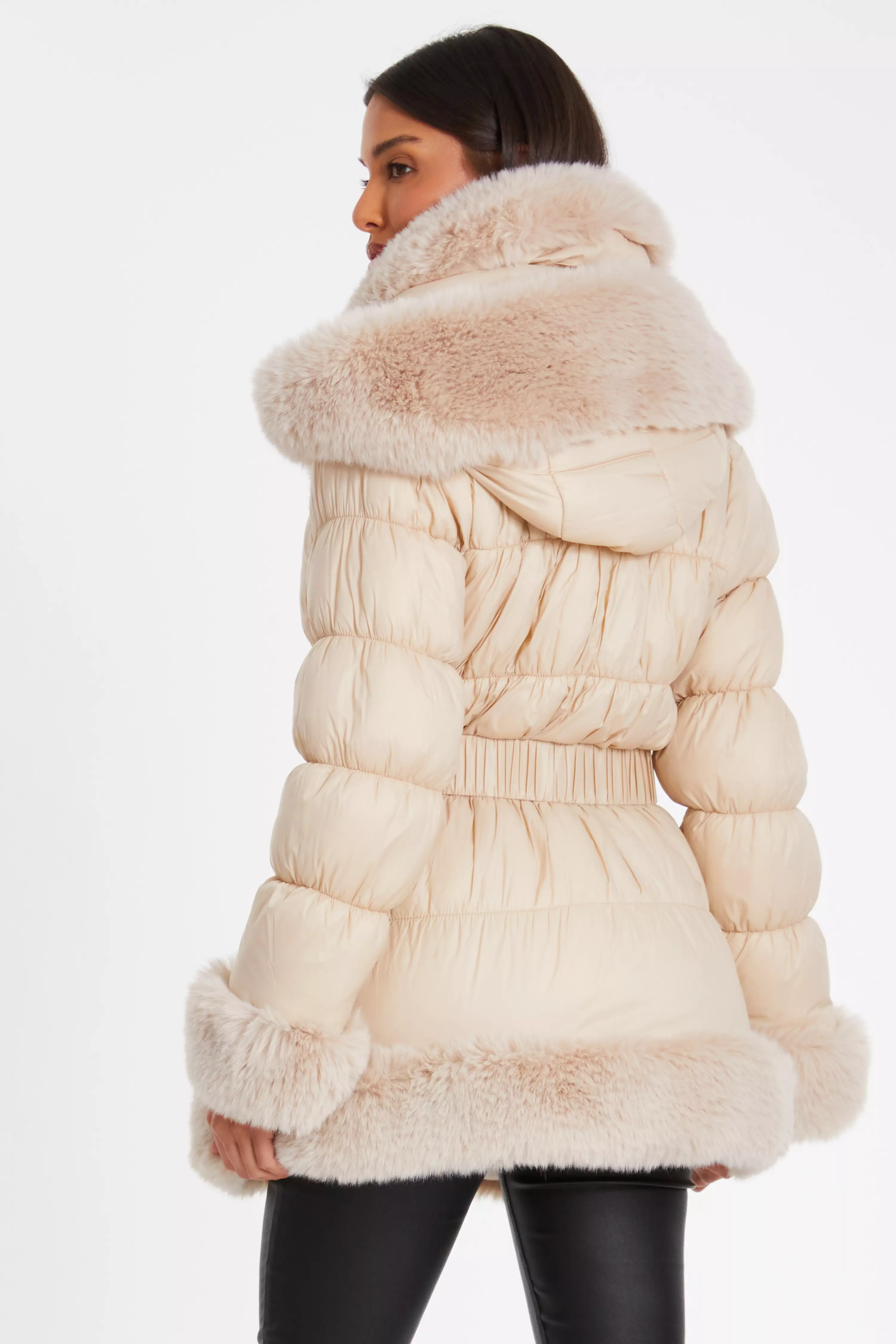 Stone Padded Faux Fur Trim Jacket