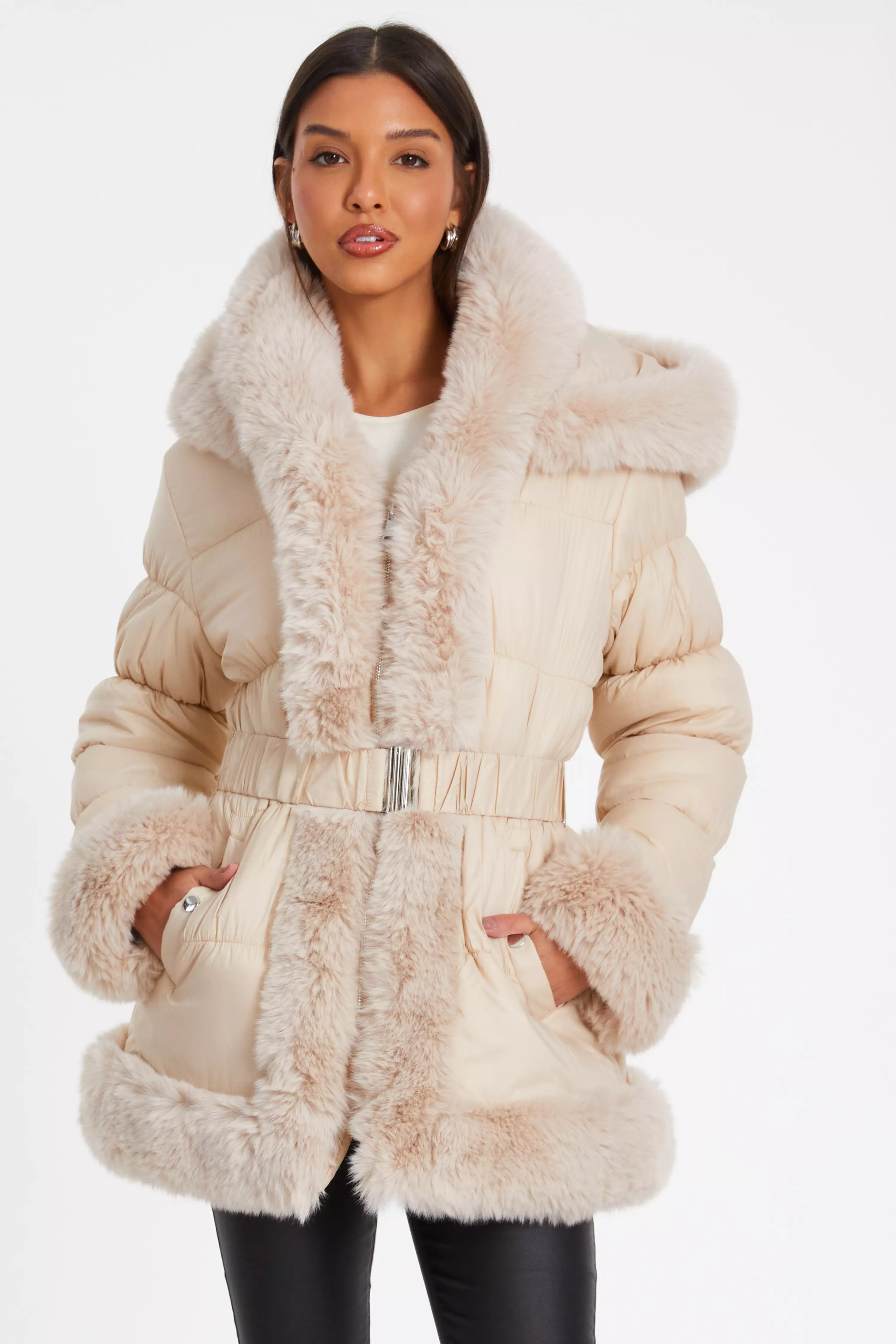 Stone Padded Faux Fur Trim Jacket