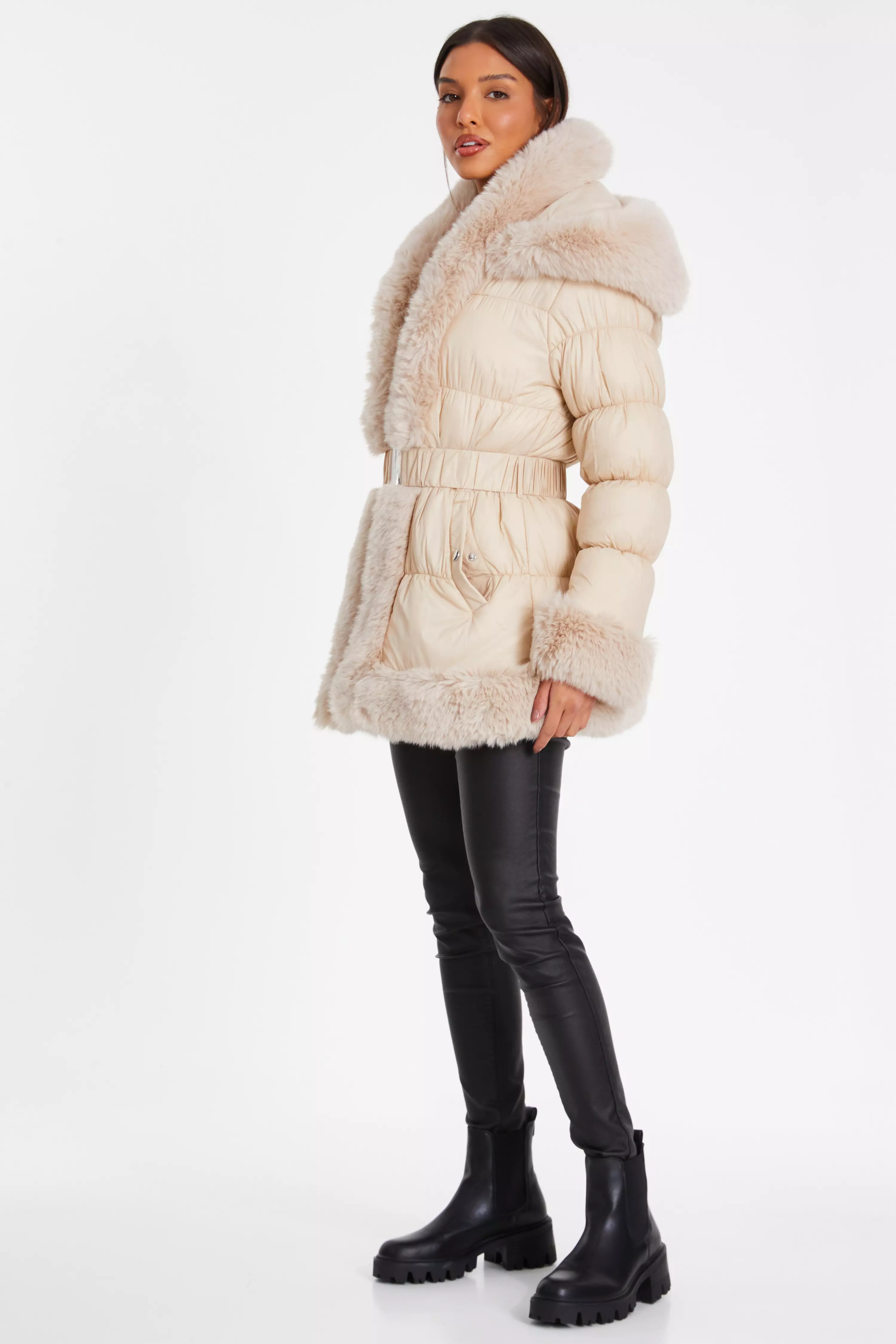 Stone Padded Faux Fur Trim Jacket