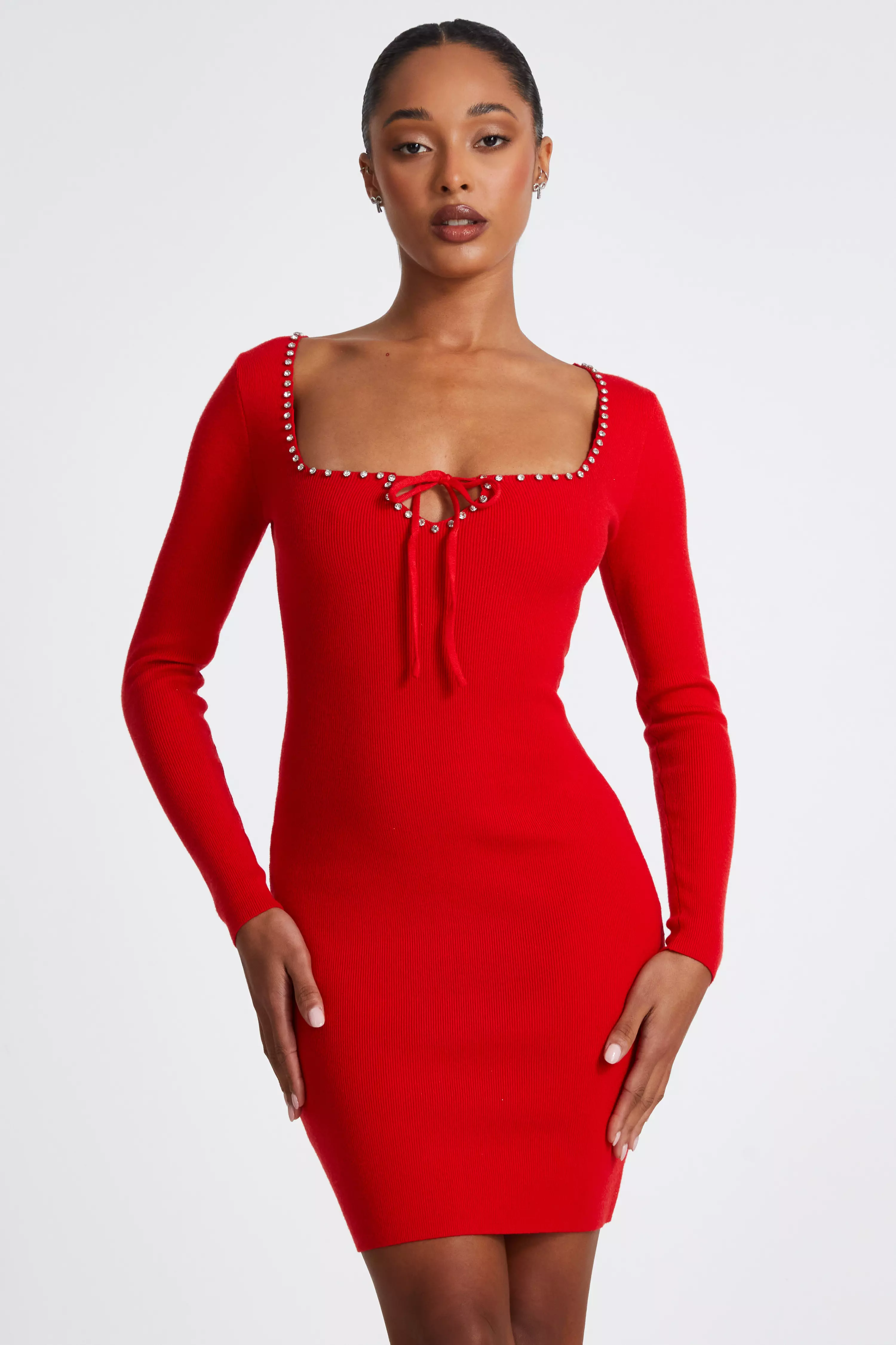 Red Diamante Trim Jumper Dress