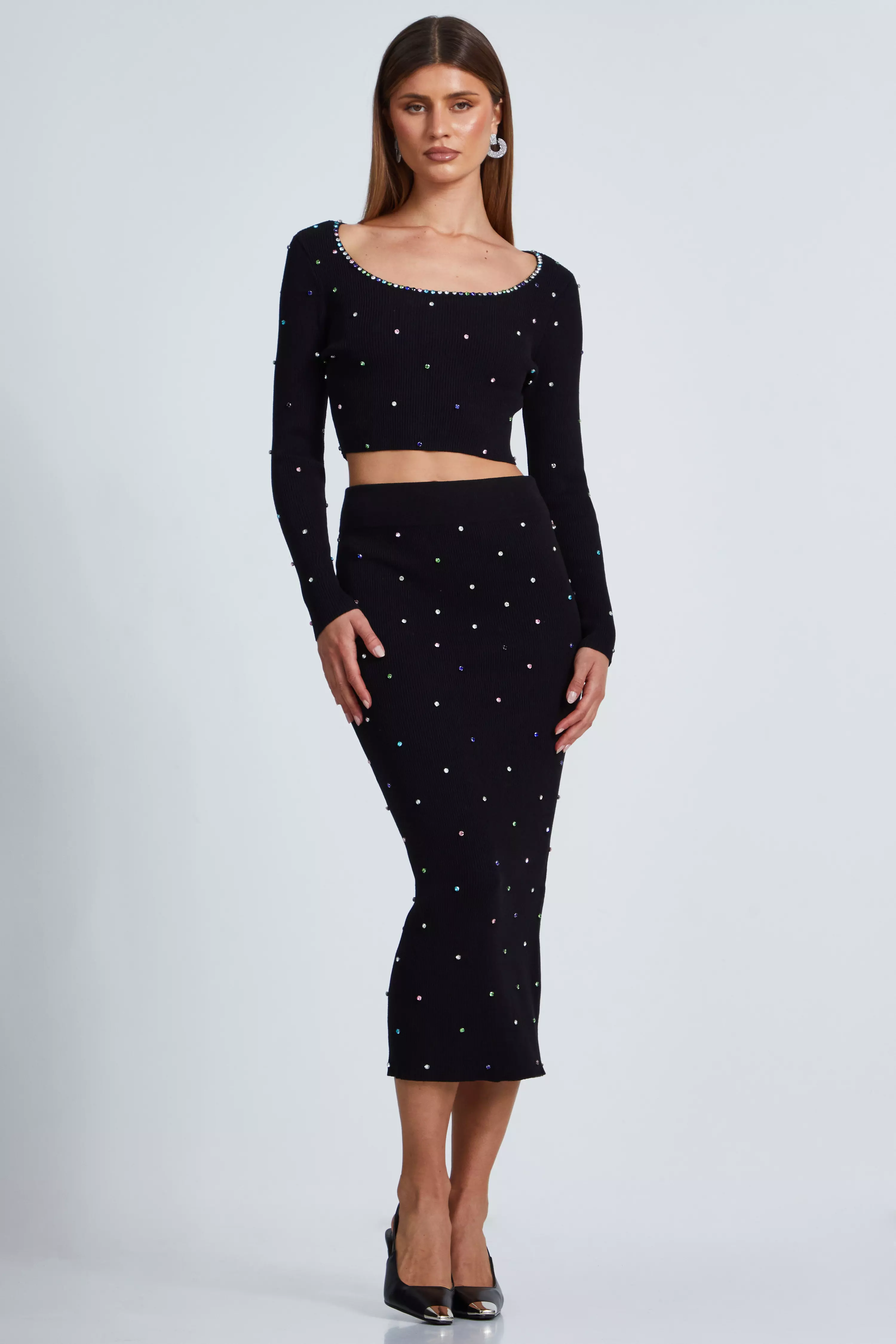 Black Knit Diamante Midi Skirt