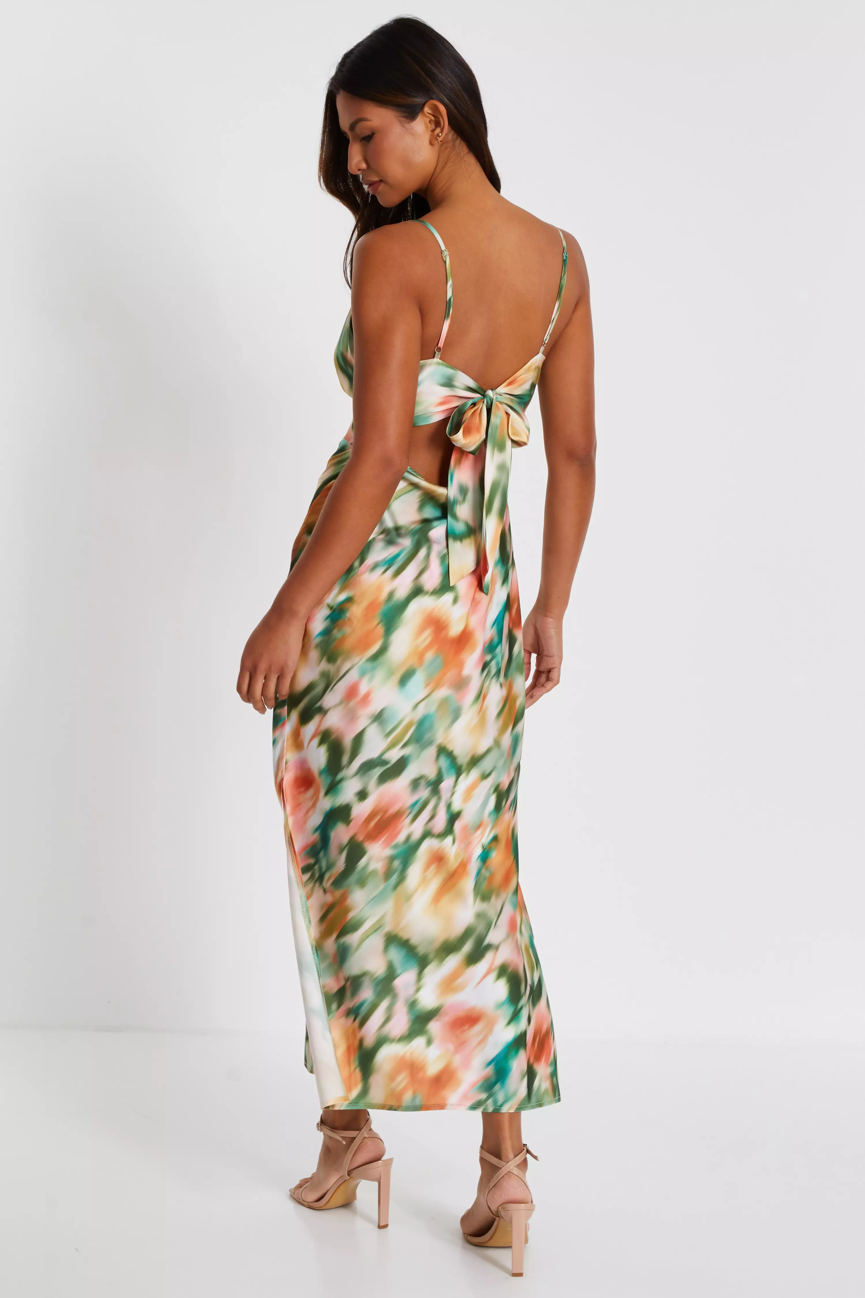 Multicoloured Marble Print Satin Midaxi Dress