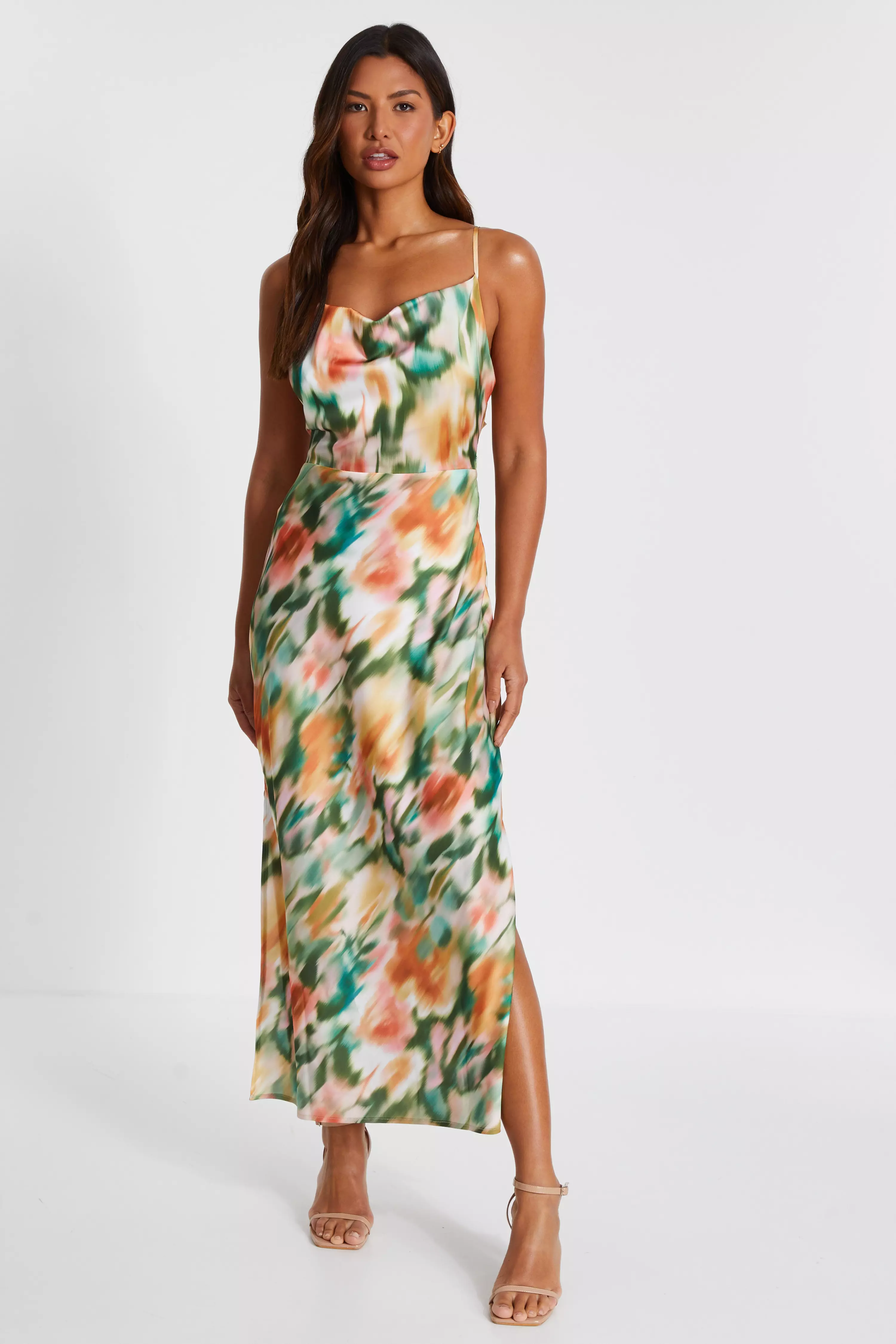 Multicoloured Marble Print Satin Midaxi Dress