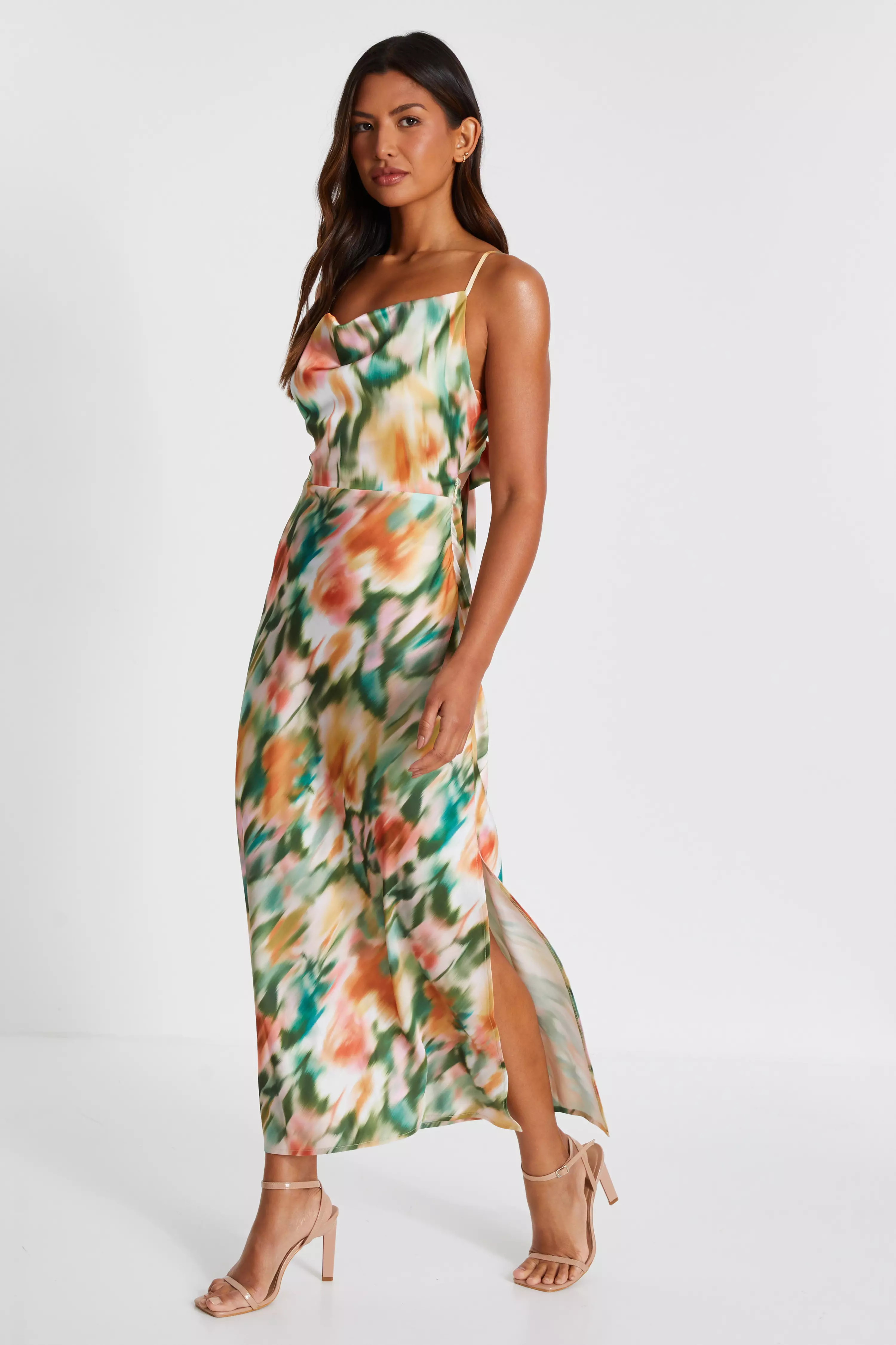 Multicoloured Marble Print Satin Midaxi Dress