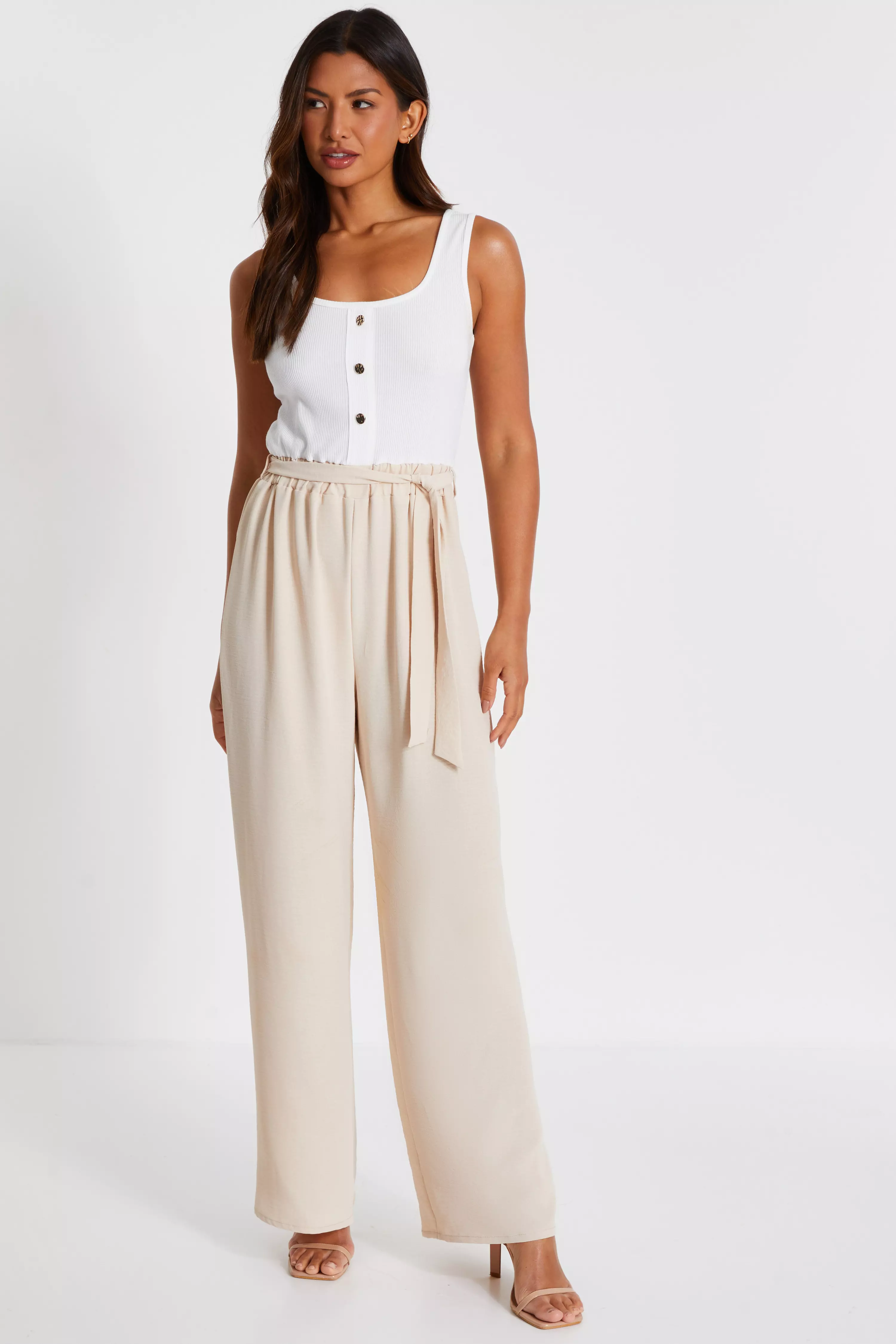 Stone Contrast Ribbed Palazzo Jumpsuit