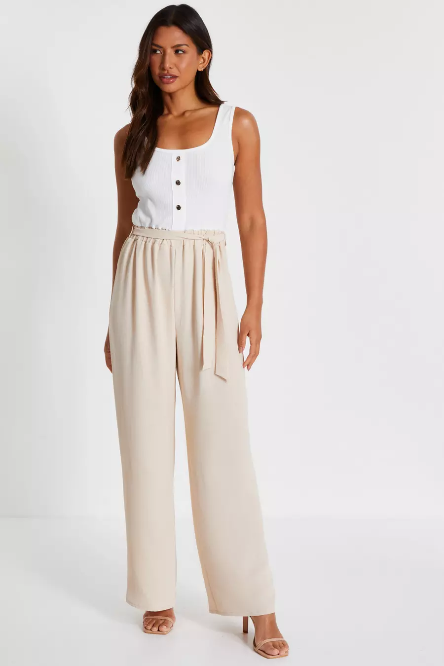 Stone Contrast Ribbed Palazzo Jumpsuit QUIZ Clothing