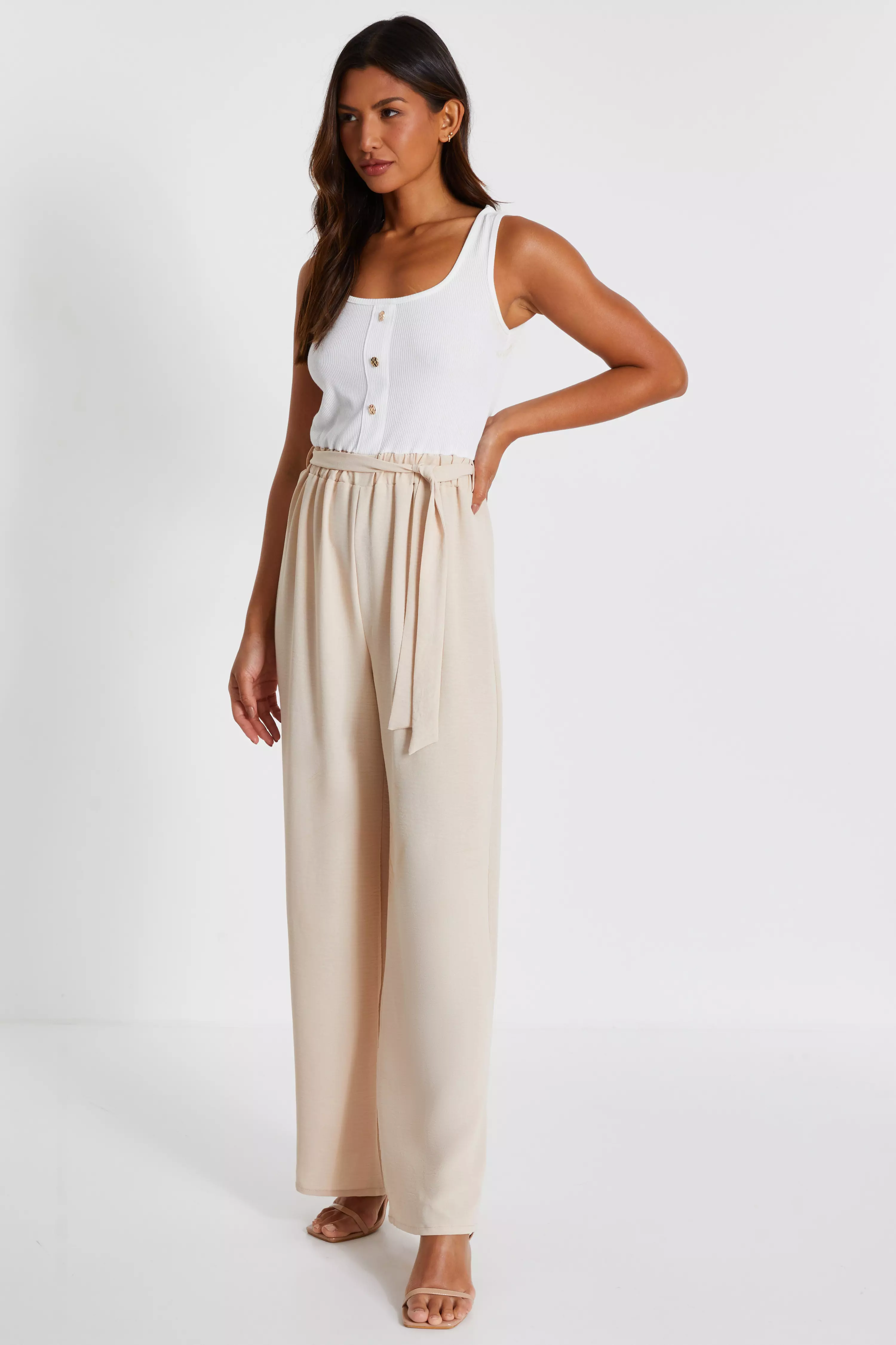 Stone Contrast Ribbed Palazzo Jumpsuit