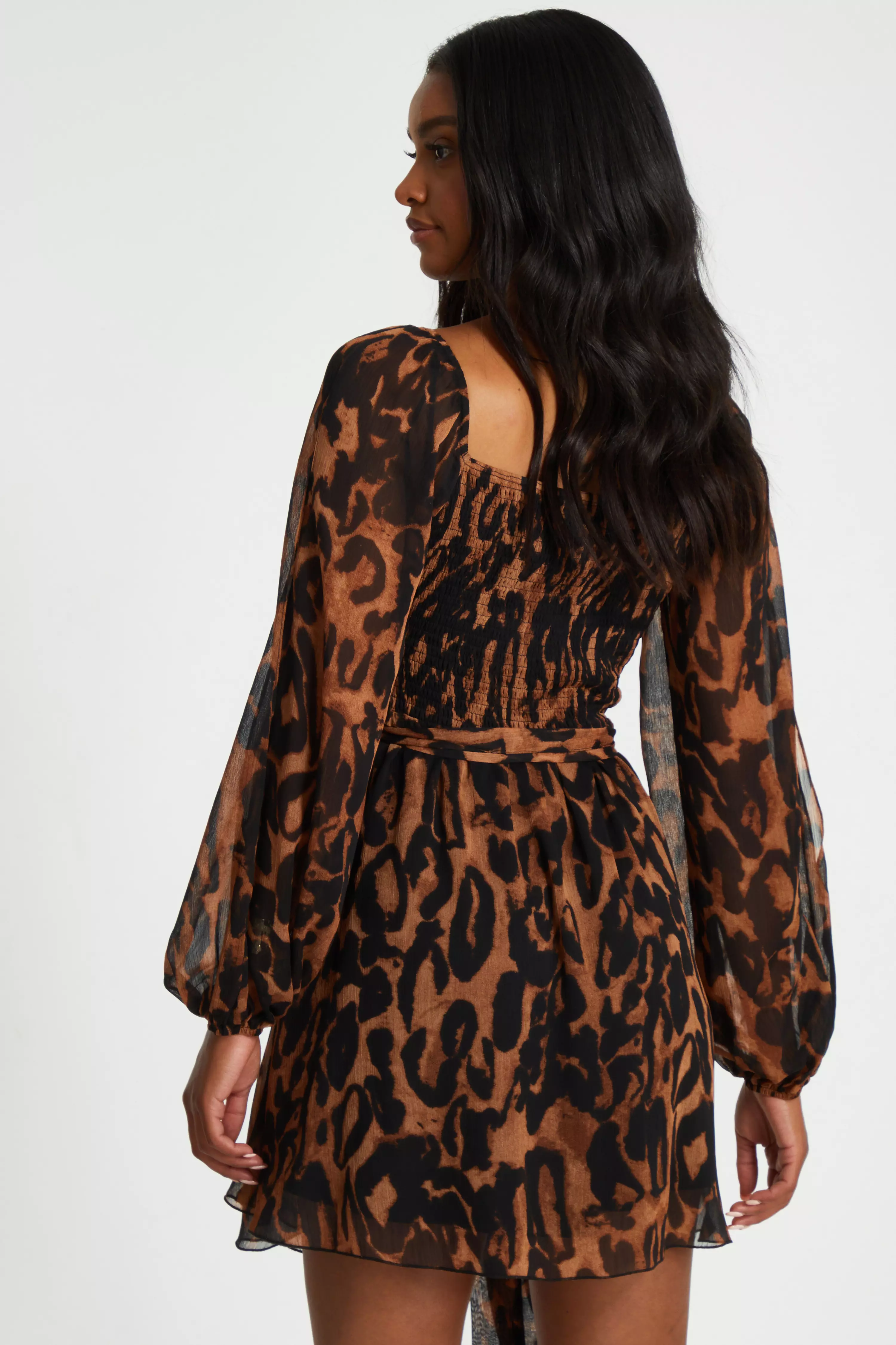 Brown Leopard Print Open Sleeve Skater Dress