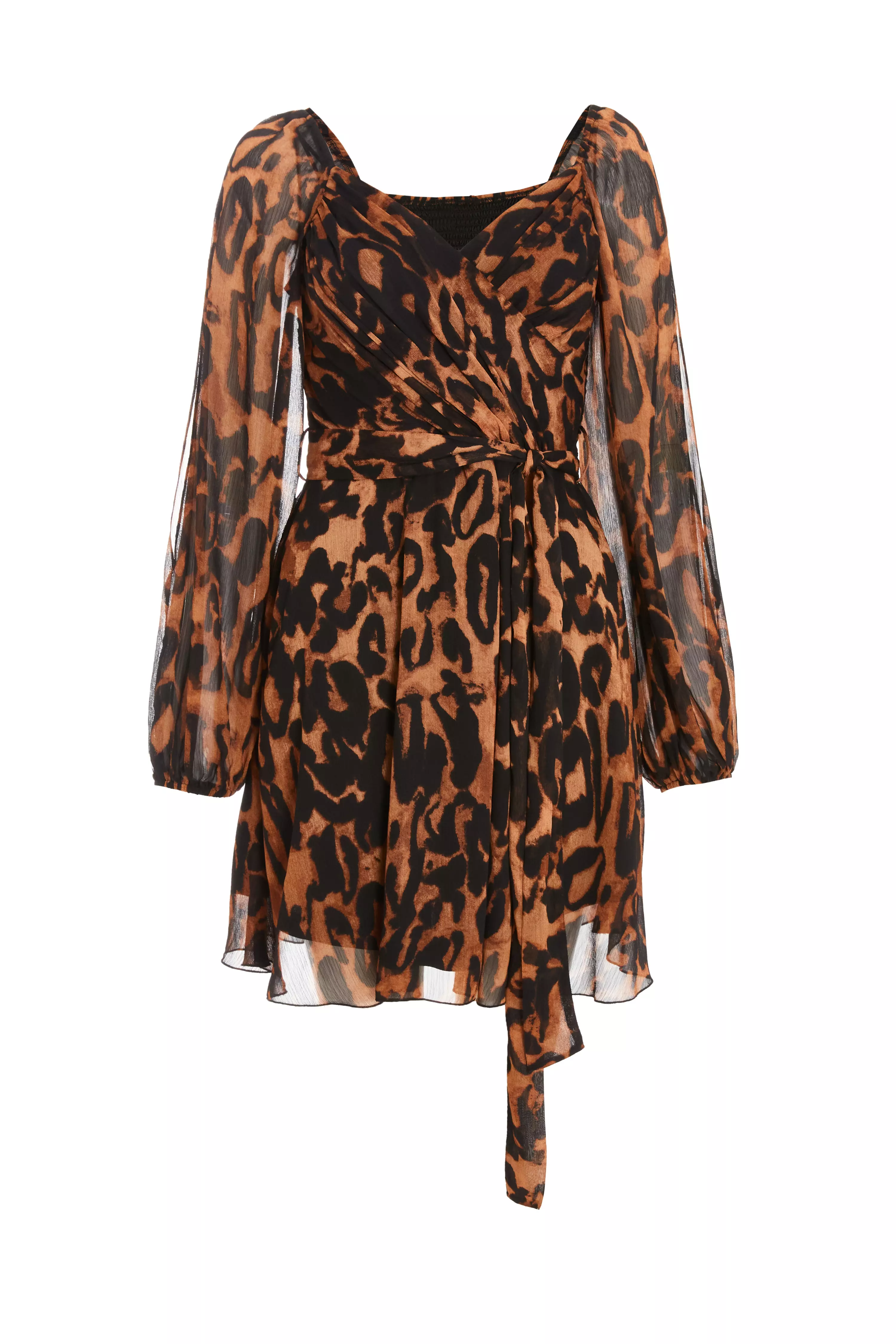 Brown Leopard Print Open Sleeve Skater Dress