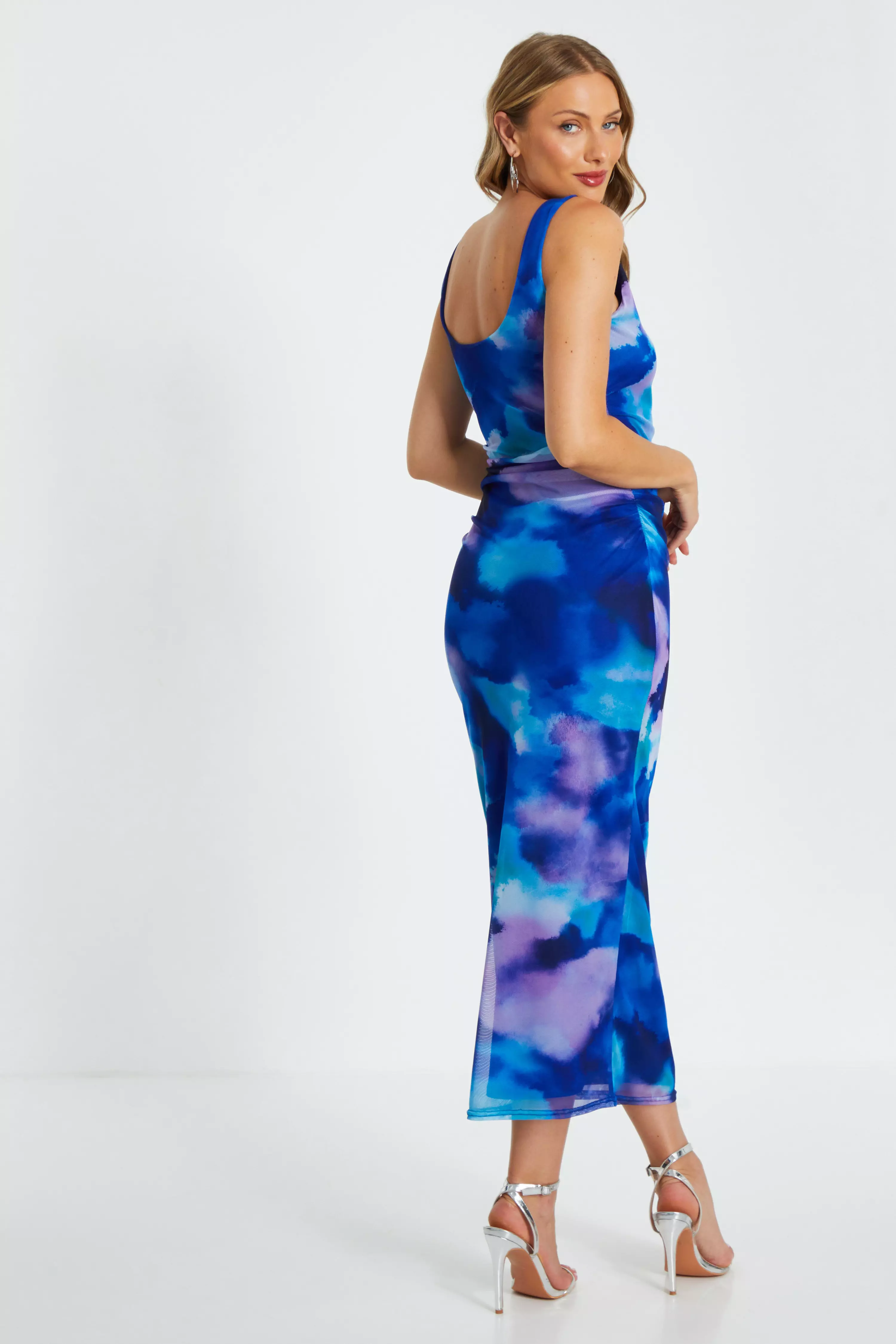 Blue Mesh Tie Dye Print Midaxi Dress