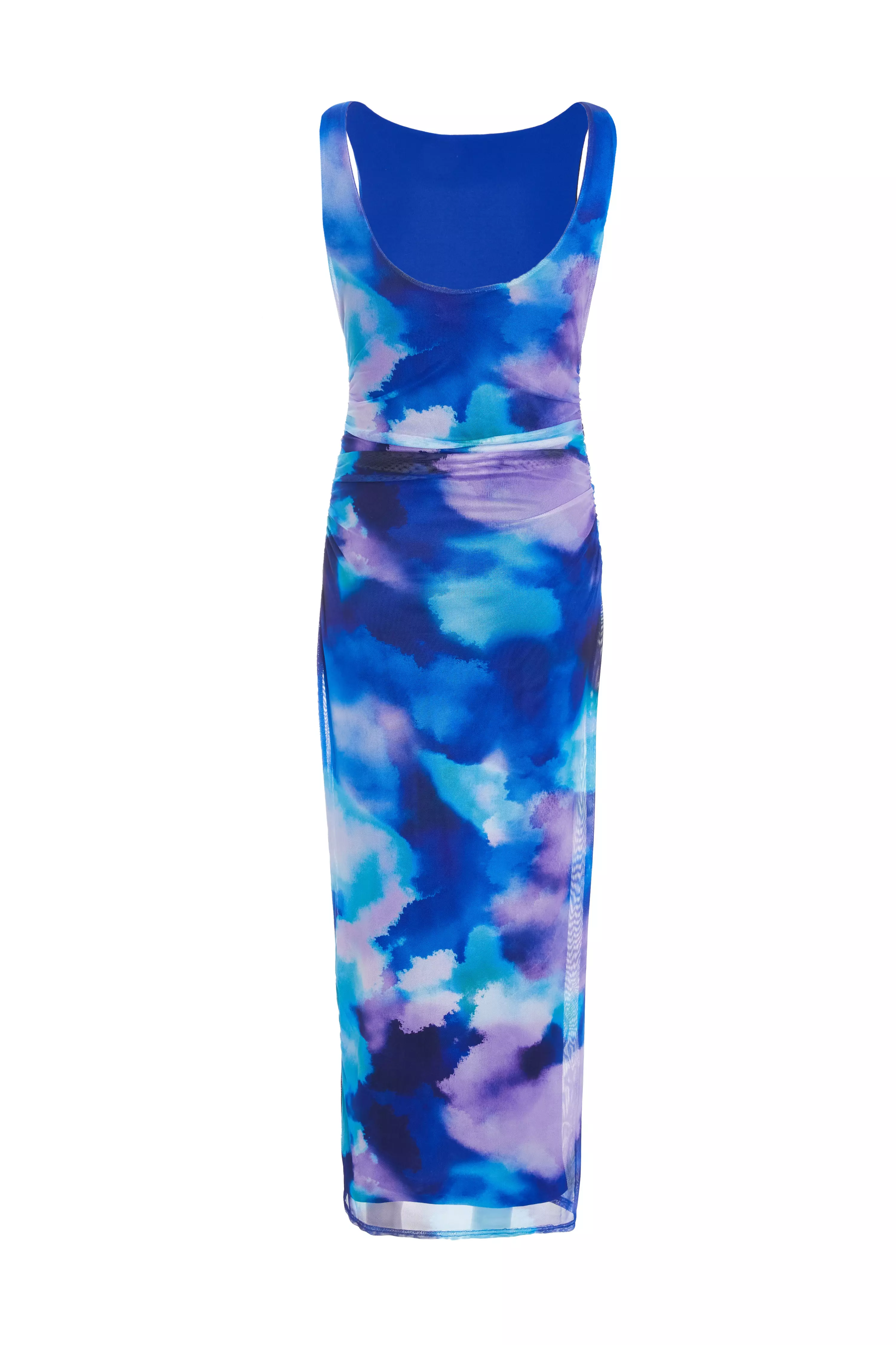Blue Mesh Tie Dye Print Midaxi Dress